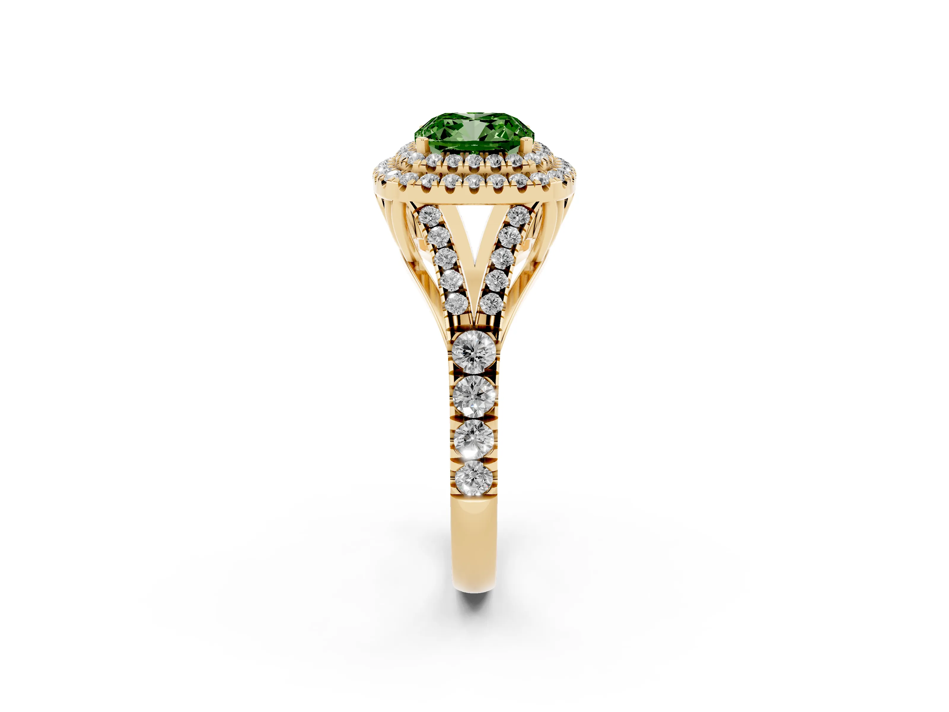 Fancy Green Cushion Cut Diamond Pavé Split Shank Double Halo Engagement Ring Set in Yellow gold