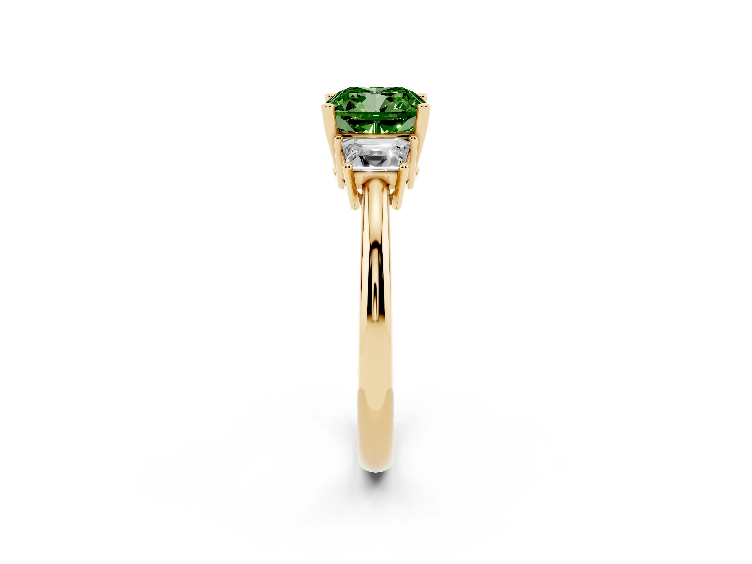 Fancy Green Cushion Cut Diamond Three-Stone Ring Set in Yellow gold with Trapezoid Side Stones and Prong Setting