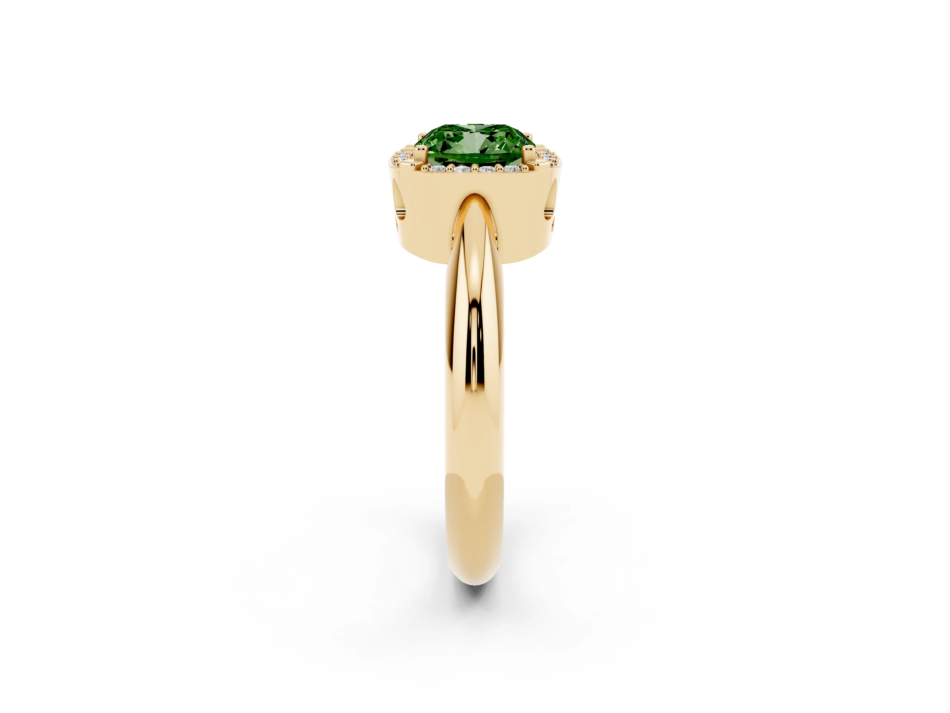 Fancy Green Cushion Cut Diamond Halo Engagement Ring Set in Yellow gold with Plain Split Shank and Prong Setting