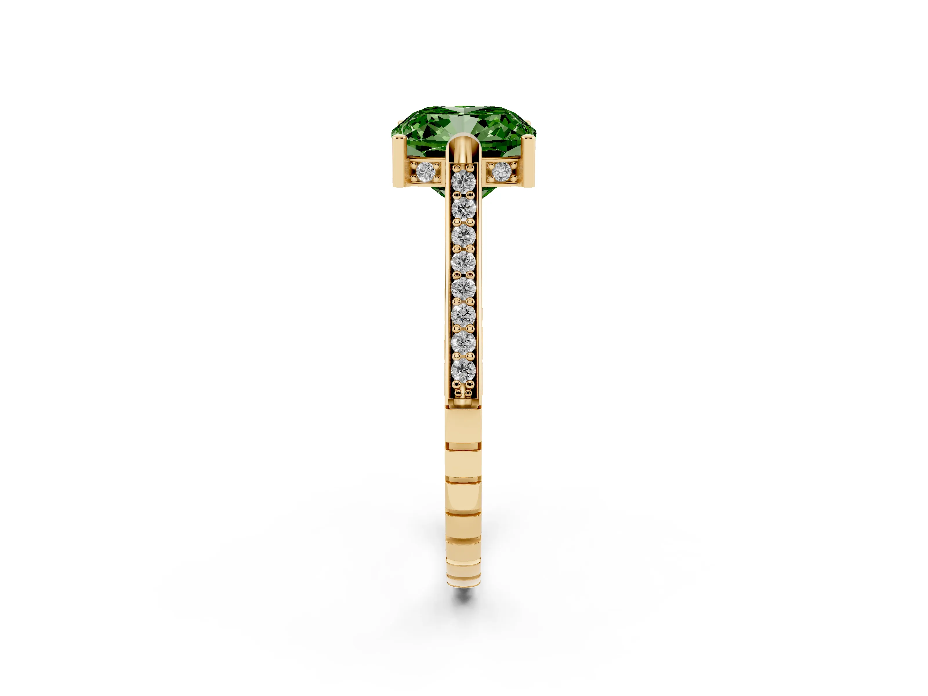 Fancy Green Cushion Cut Diamond Solitaire Ring Set in Yellow gold with Channel Set Band and Bezel Prong Setting