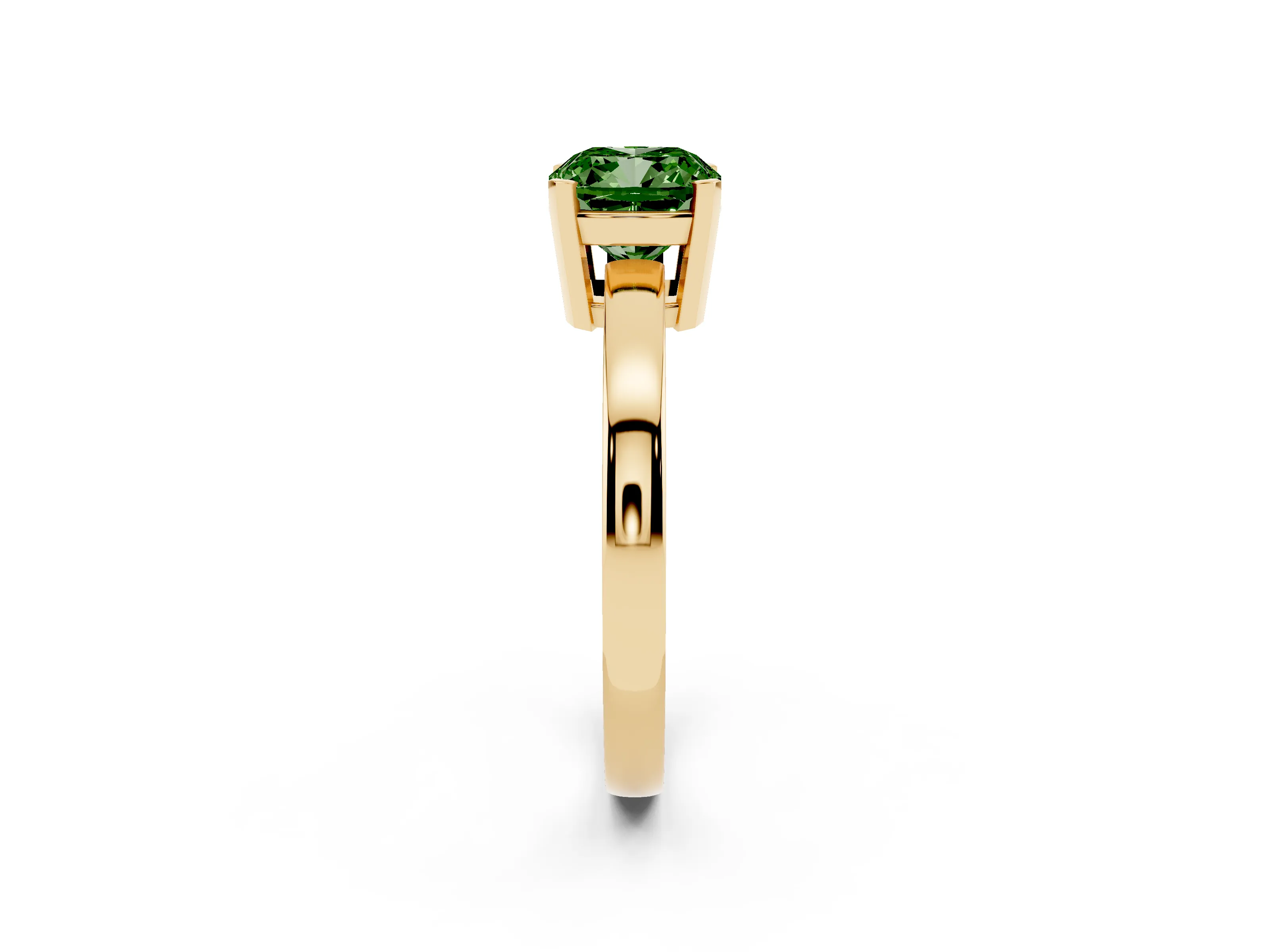 Fancy Green Cushion Cut Diamond Solitaire Ring Set in Yellow gold with Prong Head and Smooth Polished Band