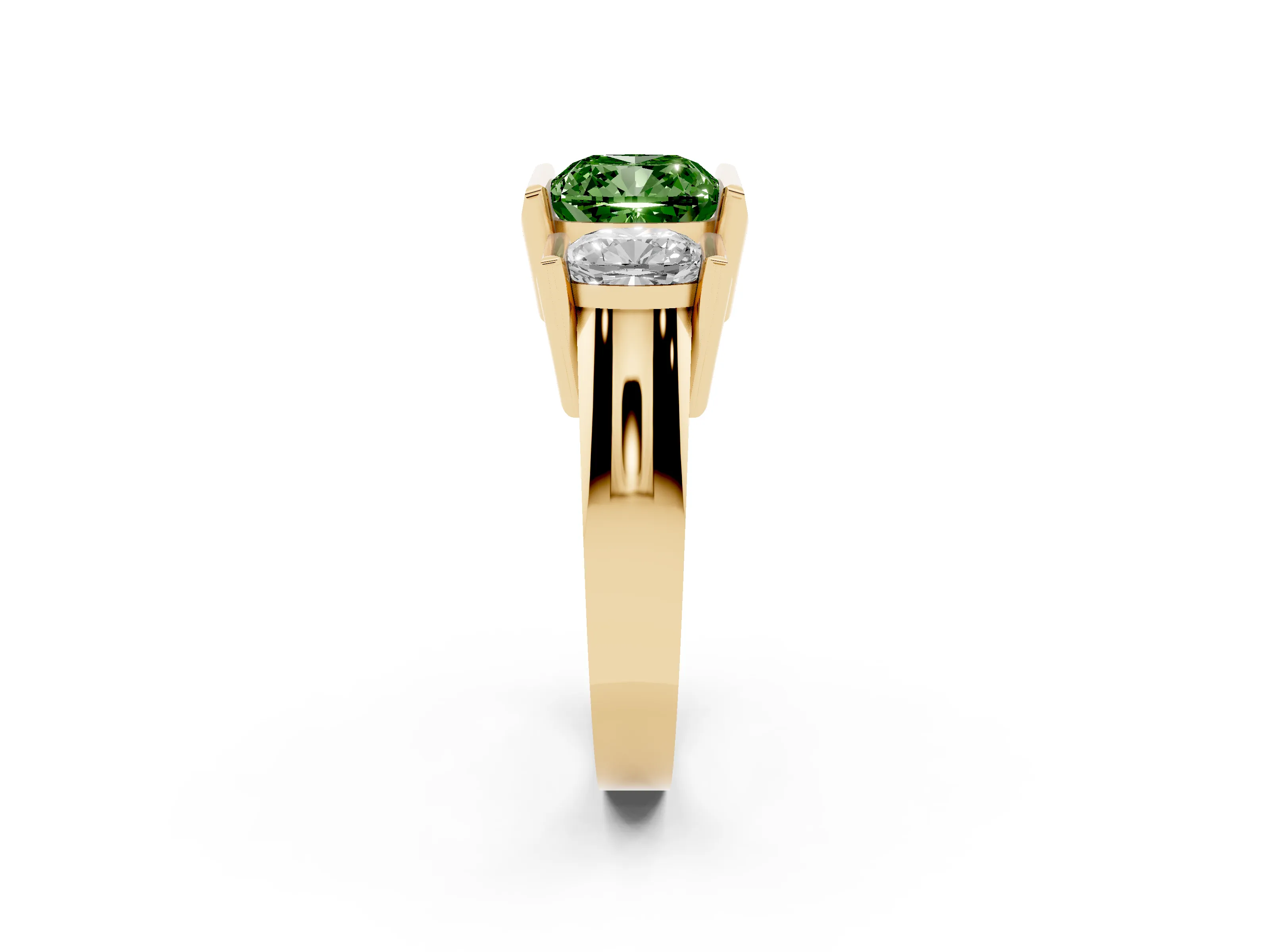 Fancy Green Cushion Cut Diamond Three-Stone Channel Set Ring Set in Yellow gold with Smooth Polished Band