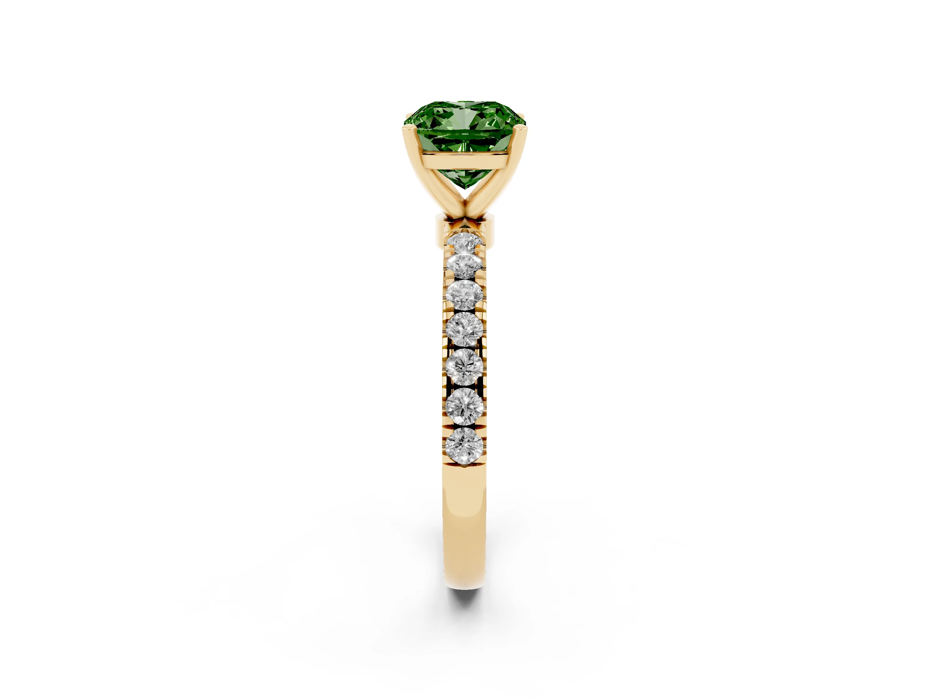 Fancy Green Cushion Cut Diamond Solitaire Ring Set in Yellow gold with Pavé Accents and Prong Setting