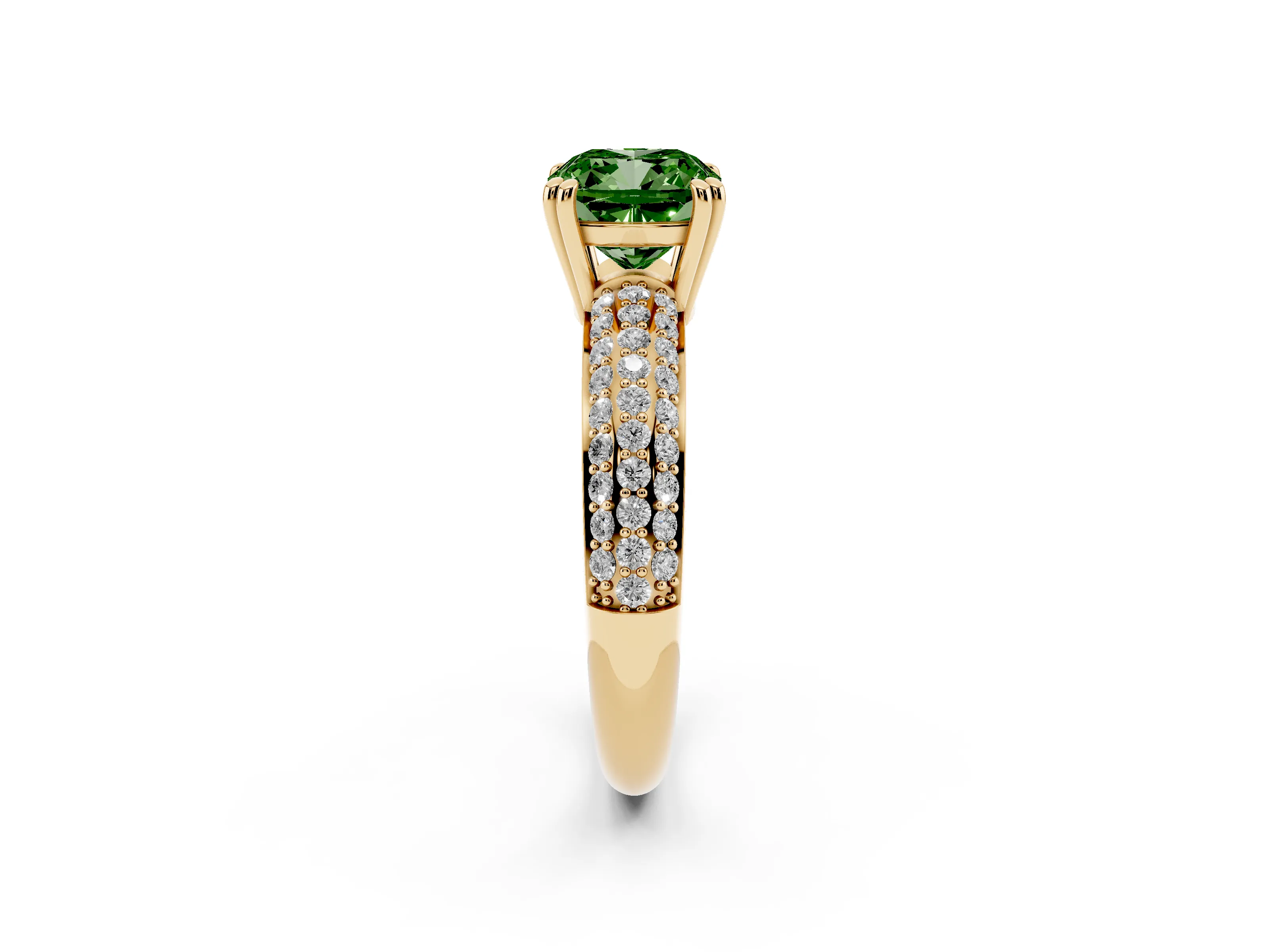 Fancy Green Cushion Cut Diamond Solitaire Ring Set in Yellow gold with Multi-Row Round Pavé Band and Prong Setting