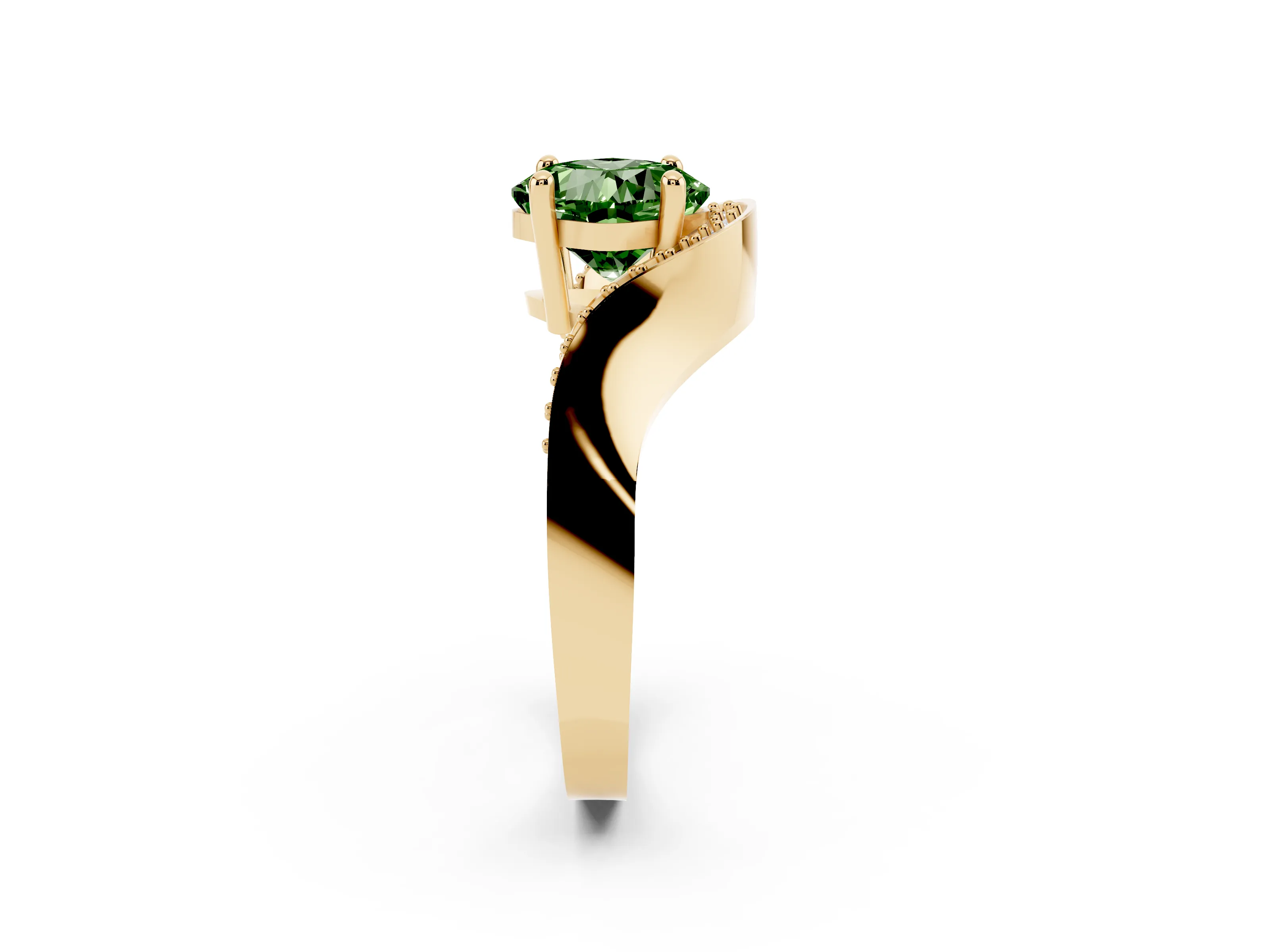 Fancy Green Cushion Cut Diamond Solitaire Engagement Ring Set in Yellow gold with Pavé Shoulders