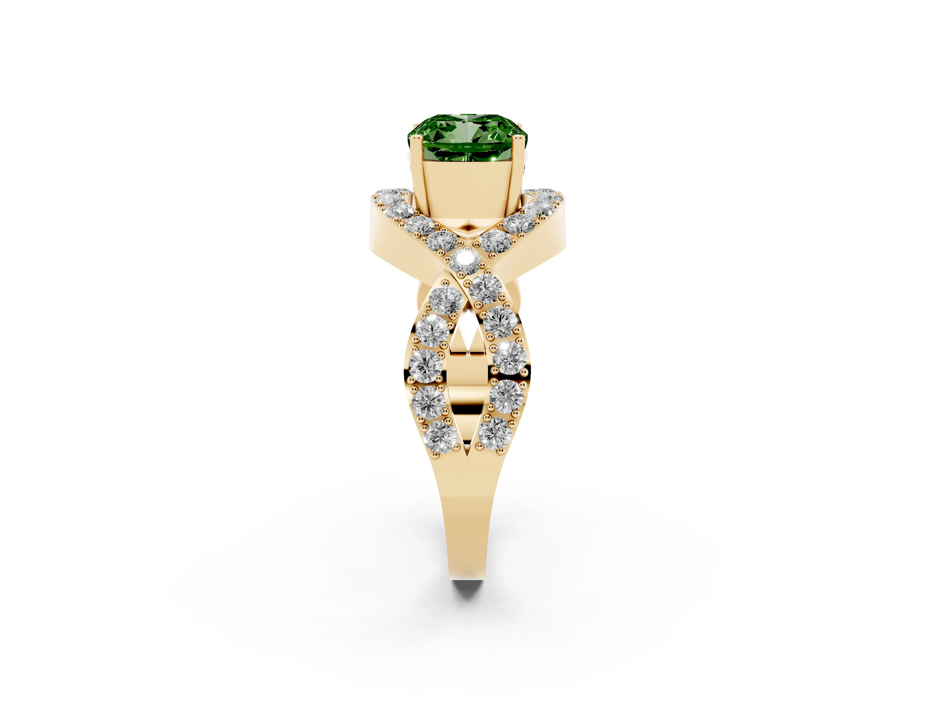Fancy Green Cushion Cut Diamond Solitaire Twist Band Pavé Engagement Ring Set in Yellow gold