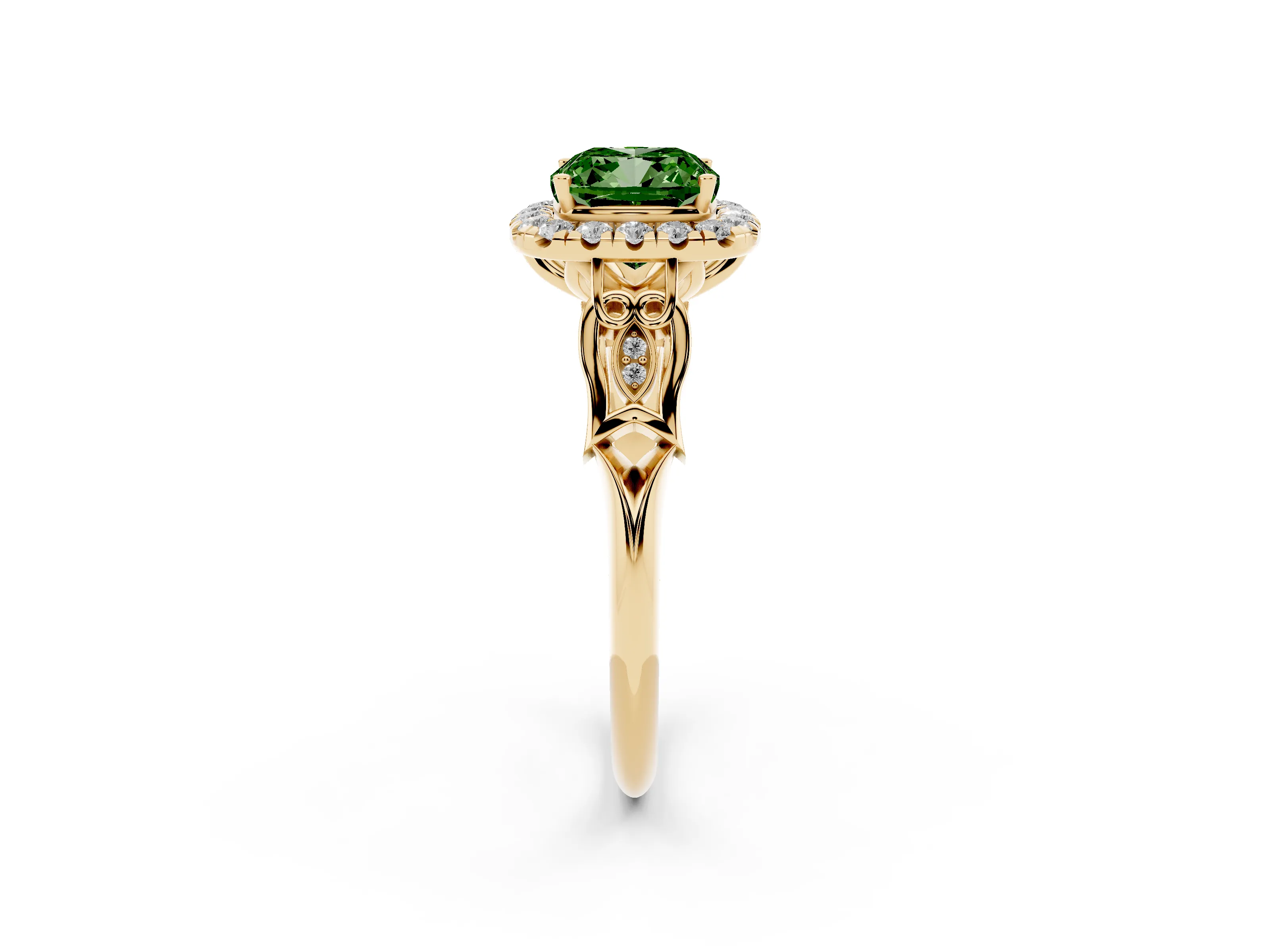 Fancy Green Cushion Cut Diamond Halo Engagement Ring Set in Yellow gold with Filigree Band and Prong-Set Center