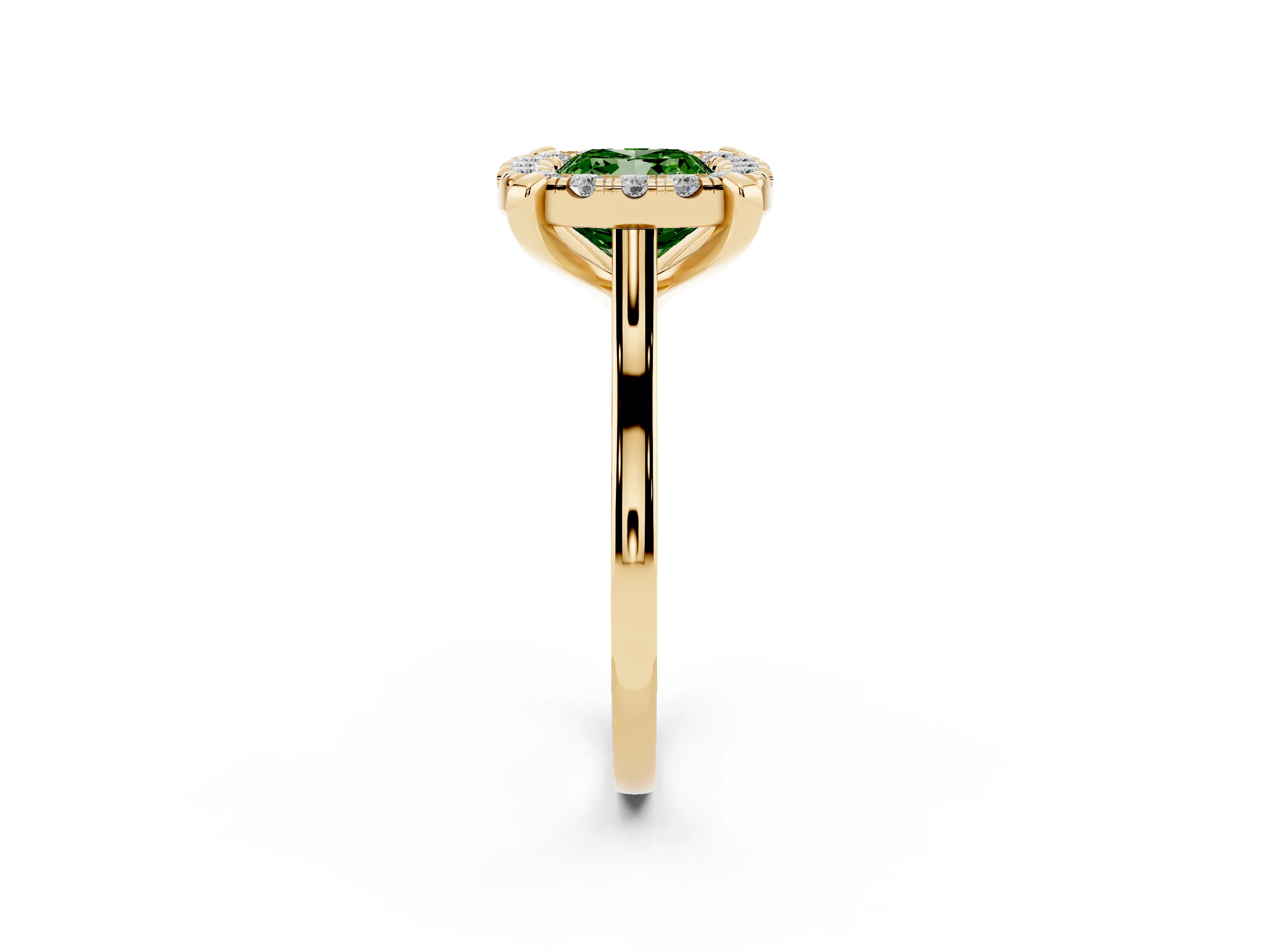 Fancy Green Cushion Cut Diamond Cluster Halo Solitaire Ring Set in Yellow gold with Prong Setting