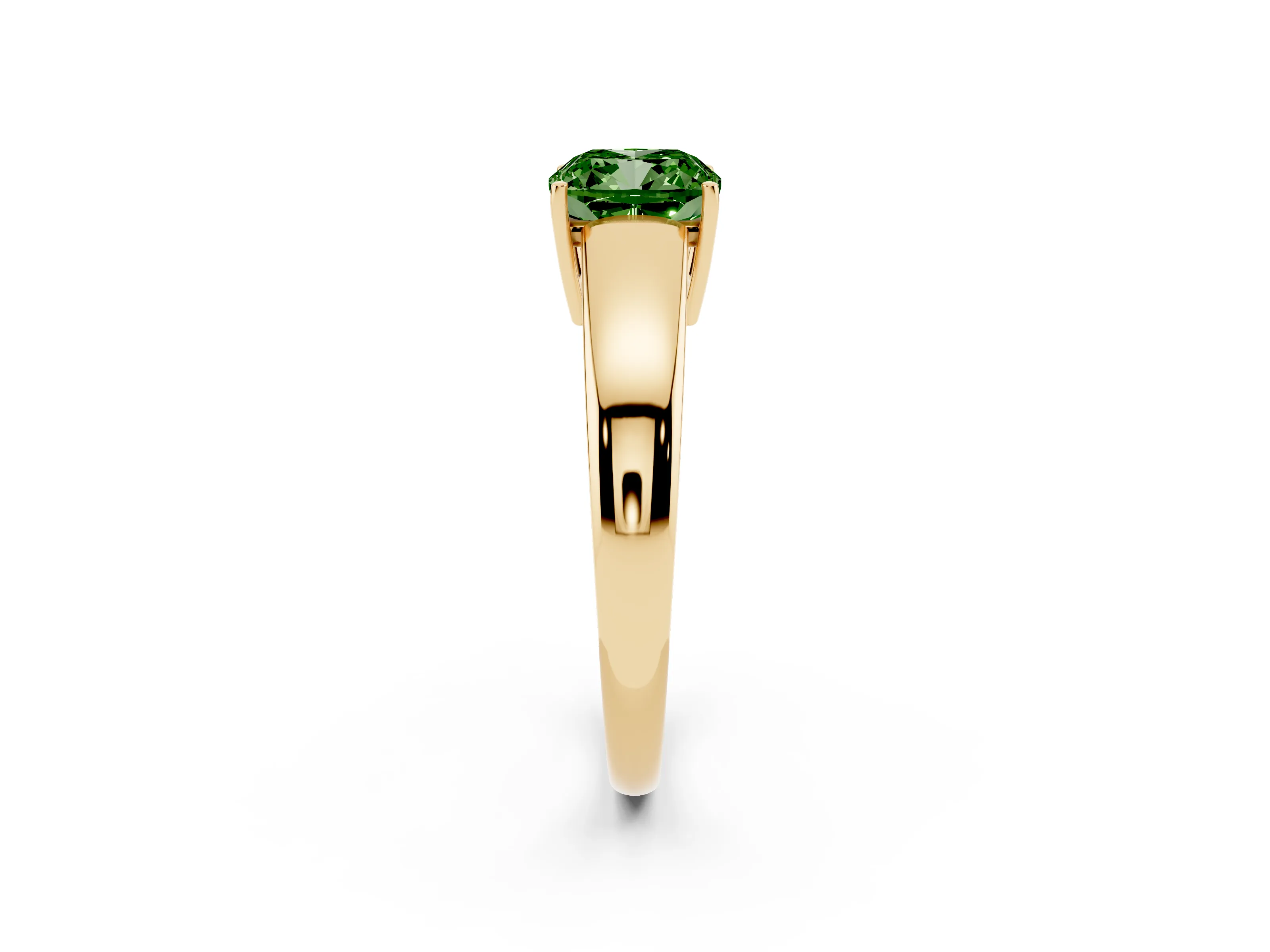Fancy Green Cushion Cut Diamond Solitaire Ring Set in Yellow gold with Tapered Band and Prong Setting