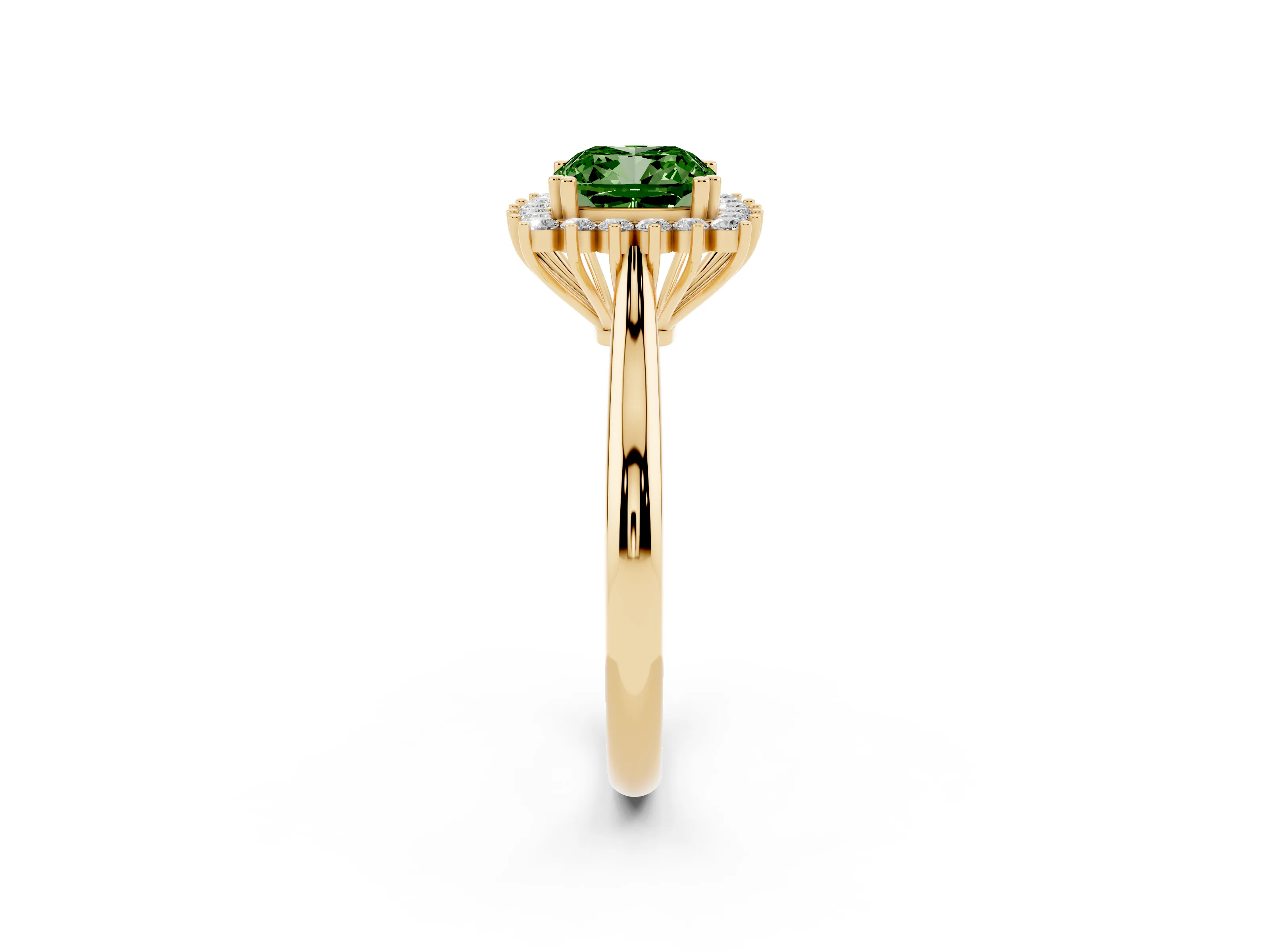 Fancy Green Cushion Cut Diamond Halo Ring Set in Yellow gold with Plain Solitaire Band and Prong Setting