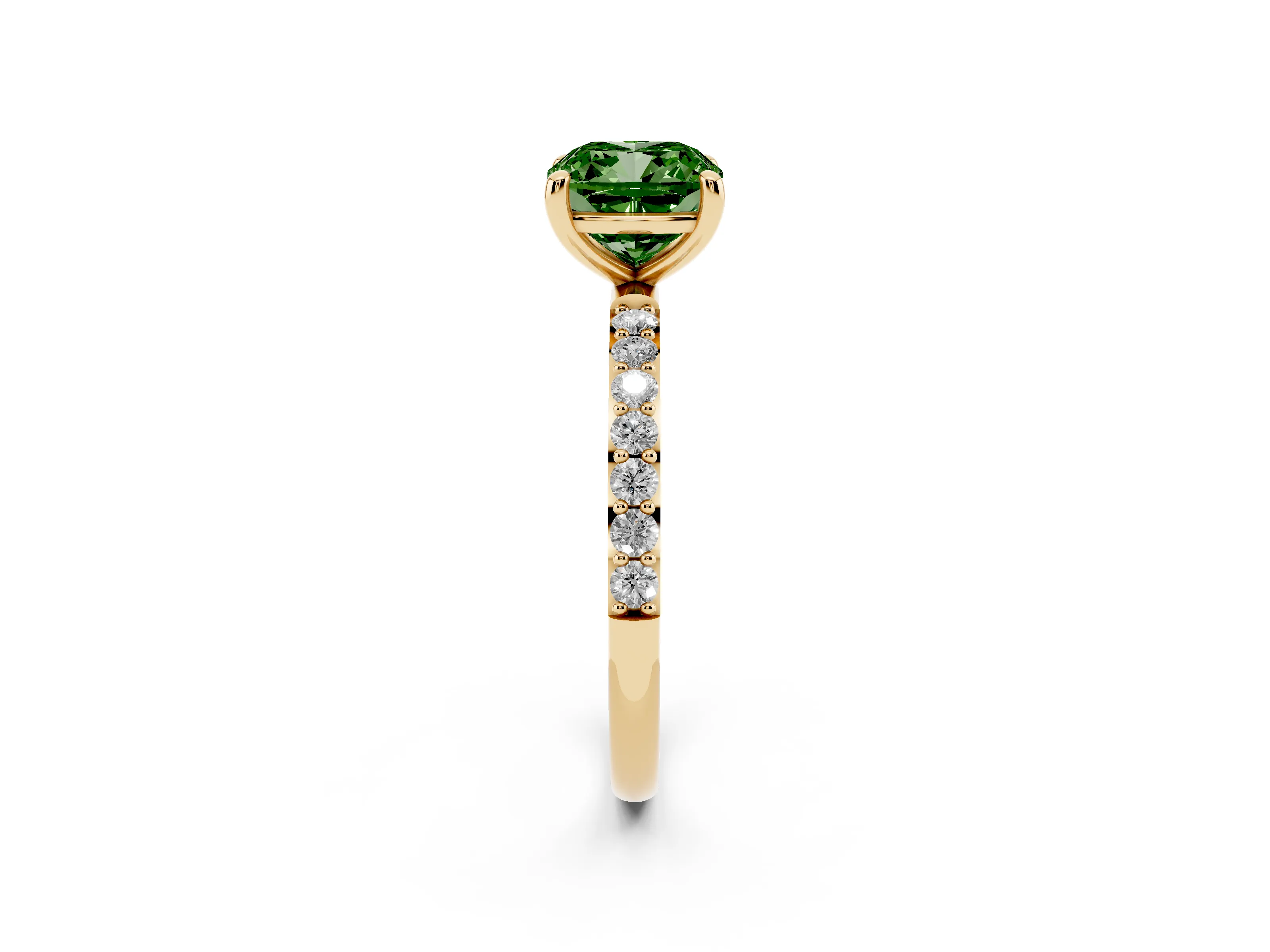 Fancy Green Cushion Cut Diamond Solitaire Ring Set in Yellow gold with Round Pavé Band and Prong Setting