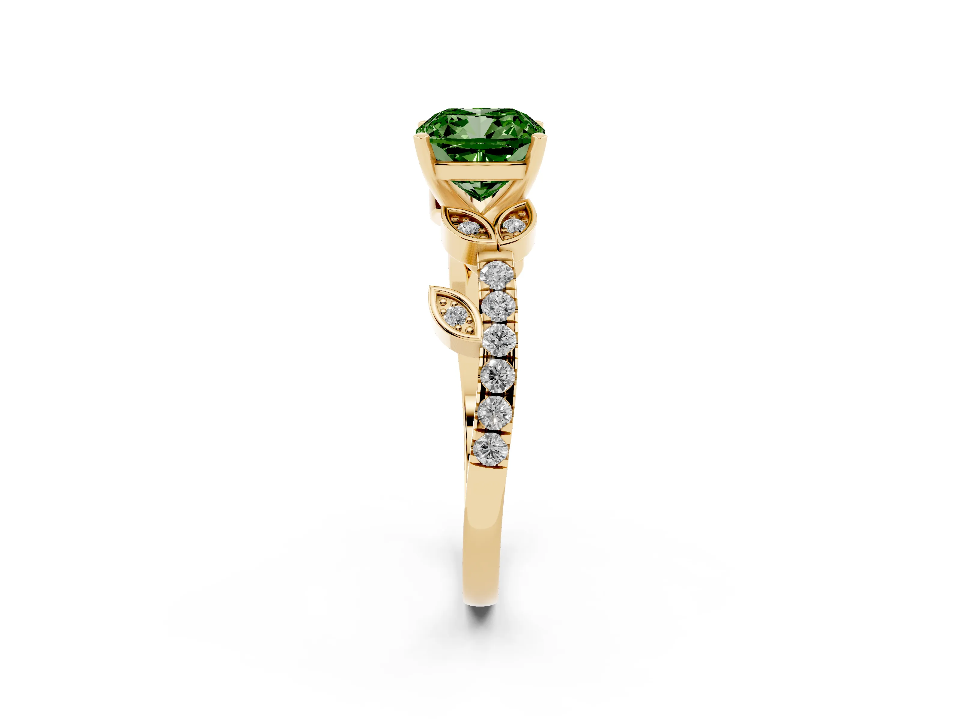 Fancy Green Cushion Cut Diamond Solitaire Leaf-Inspired Ring Set in Yellow gold with Pavé Band and Prong Setting