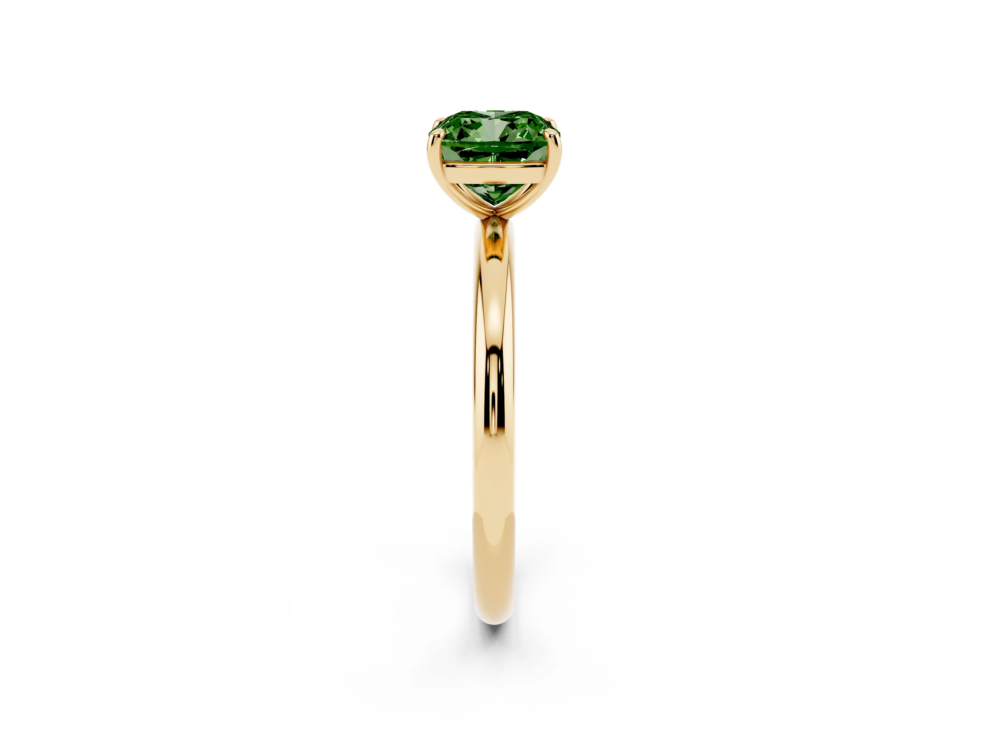 Fancy Green Cushion Cut Diamond Solitaire Ring Set in Yellow gold with Prong Setting on a Polished Plain Band