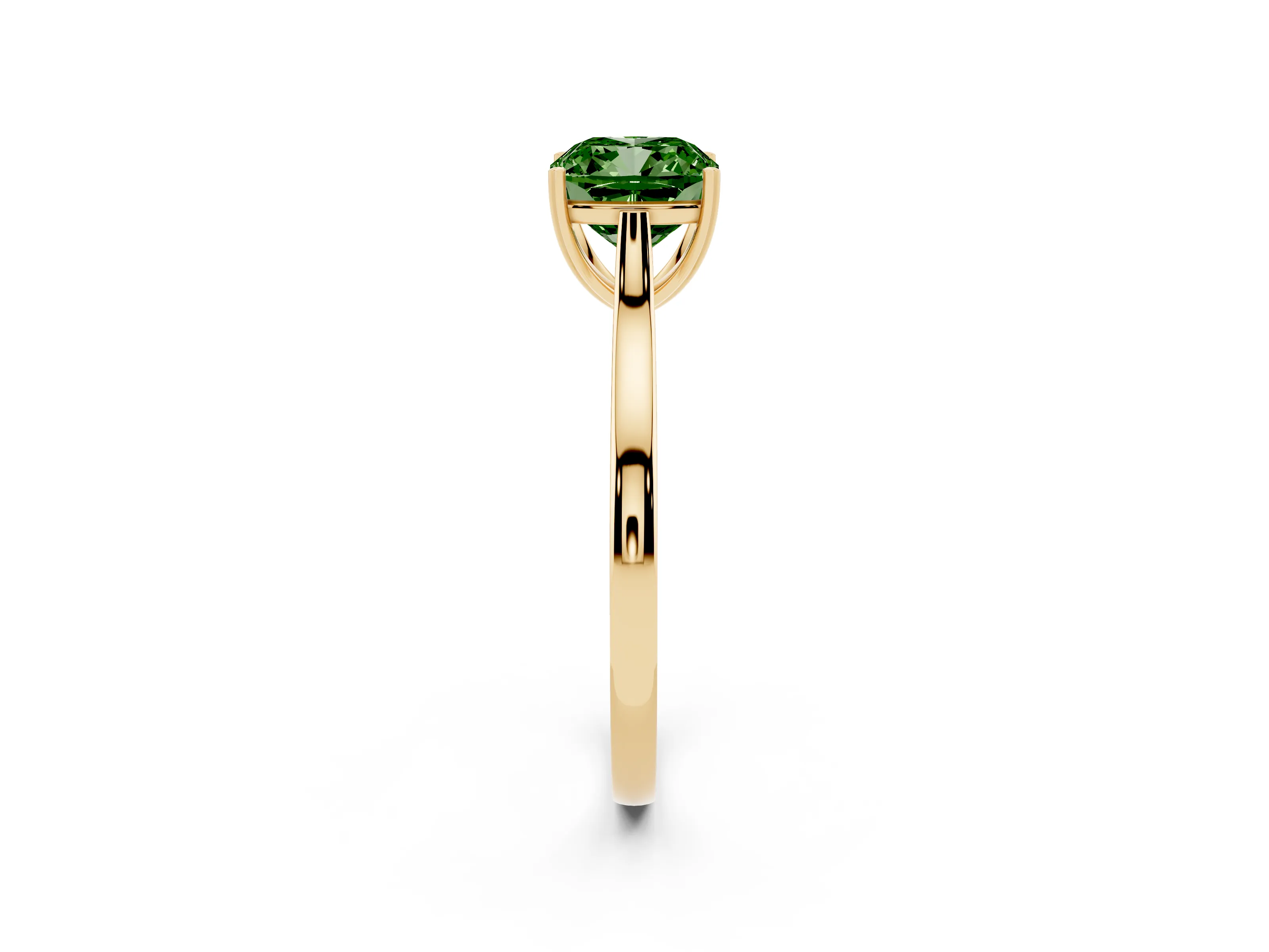 Fancy Green Cushion Cut Diamond Solitaire Heart Prong Engagement Ring Set in Yellow gold with Tapered Band