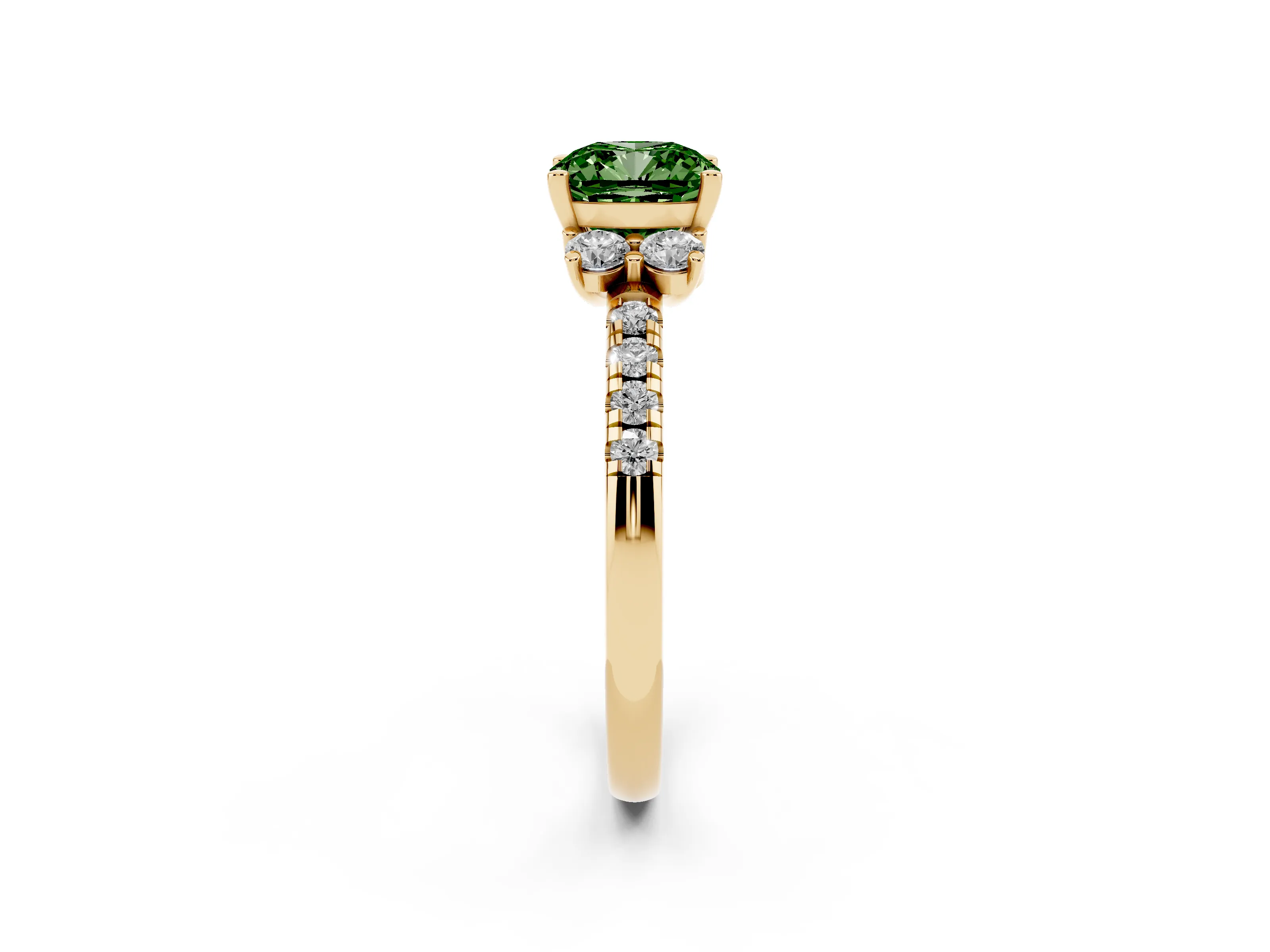 Fancy Green Cushion Cut Diamond Three-Stone Pavé Ring Set in Yellow gold with Prong Setting