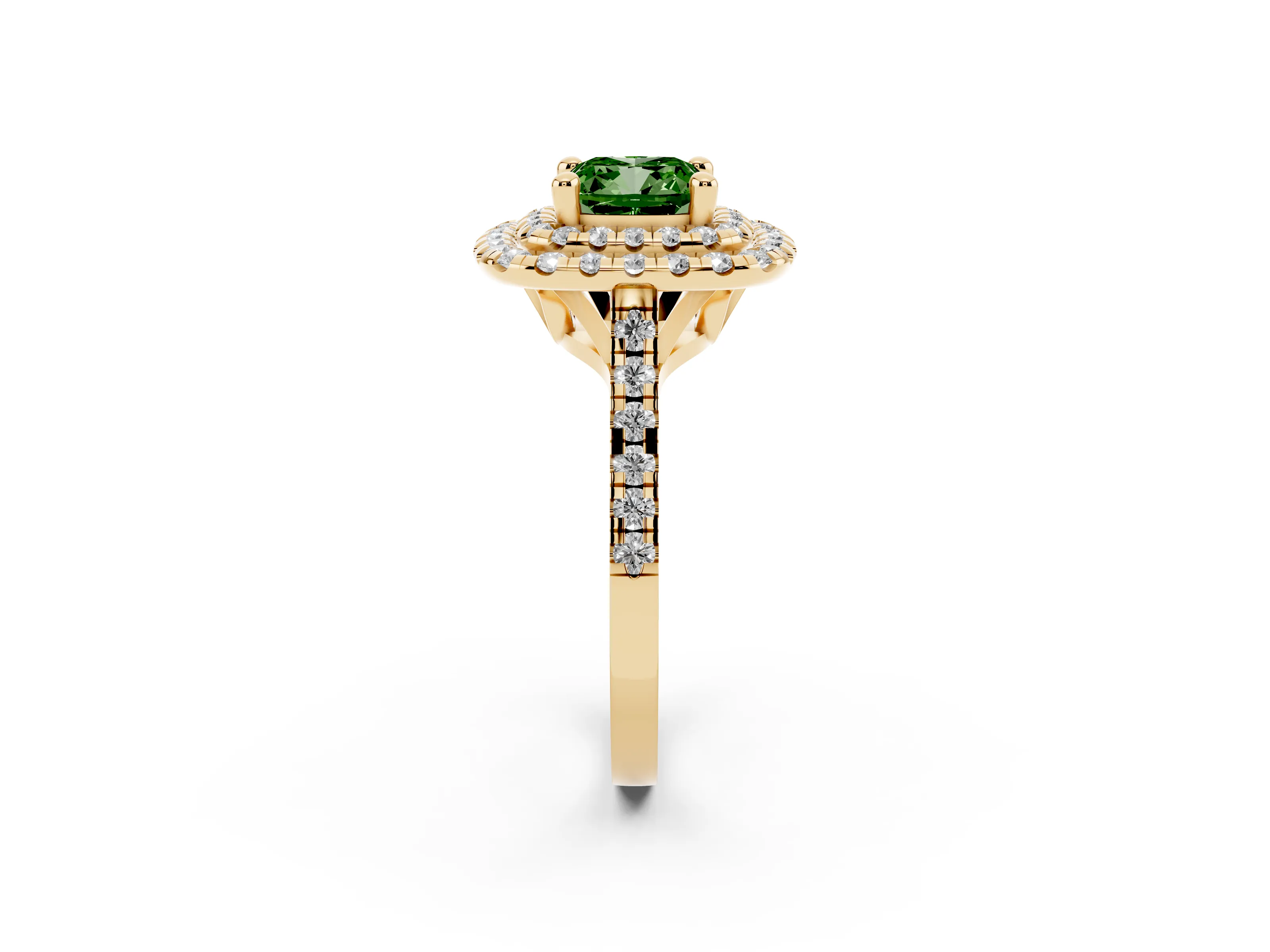 Fancy Green Cushion Cut Diamond Double Halo Statement Ring Set in Yellow gold with Pavé Band