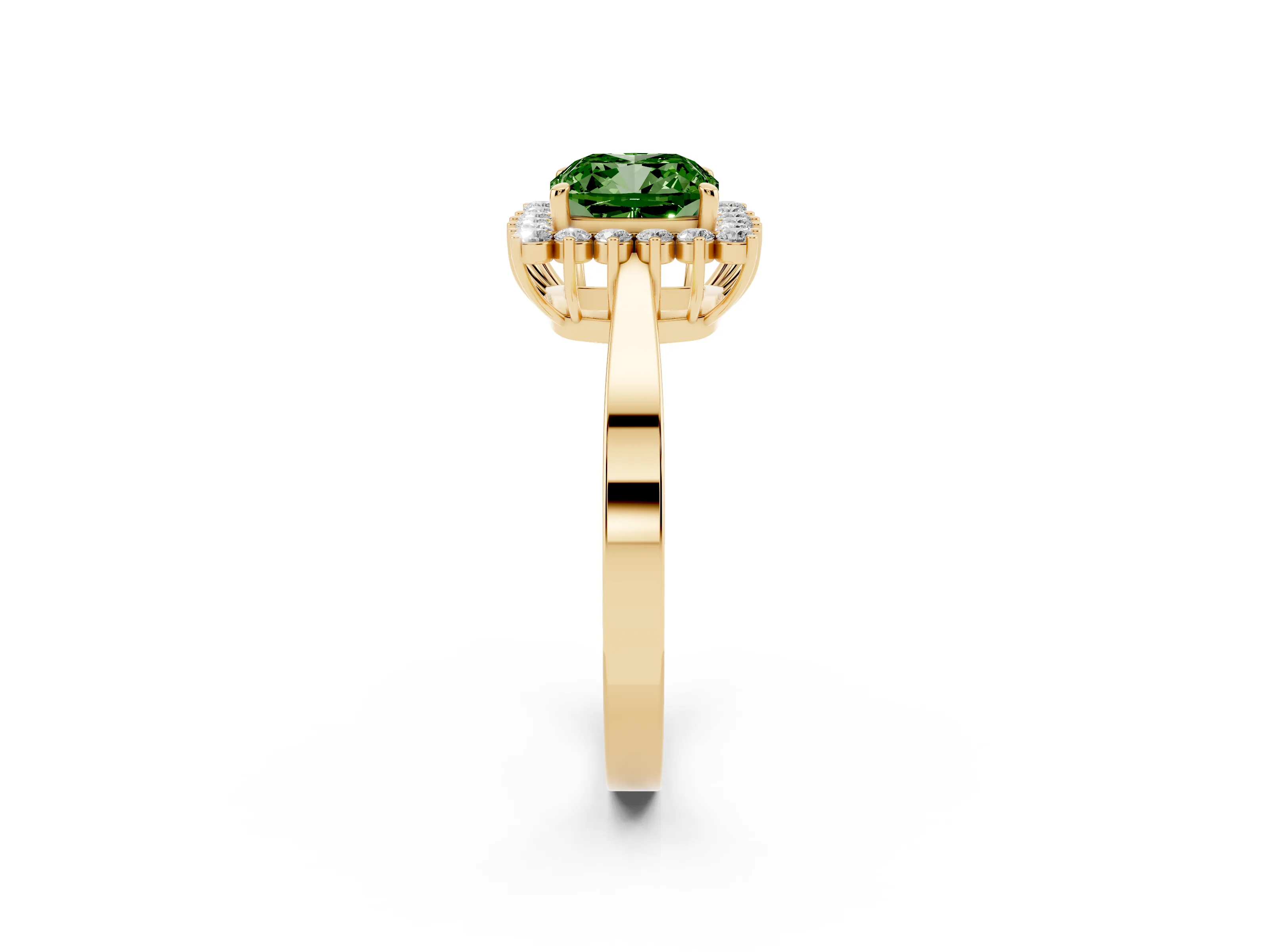 Fancy Green Cushion Cut Diamond Halo Ring Set in Yellow gold with Round Halo and Smooth Solitaire Band