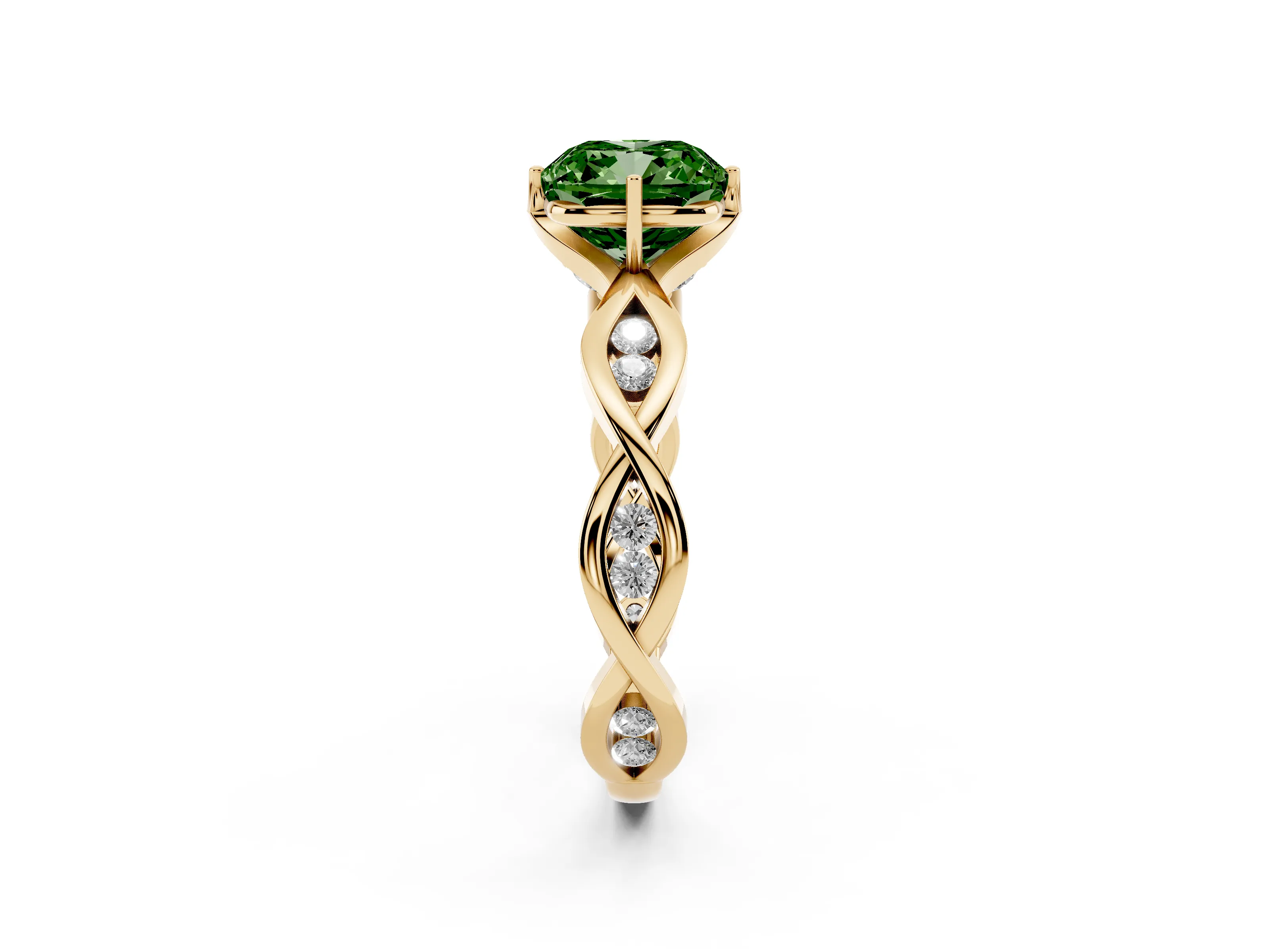 Fancy Green Cushion Cut Diamond Twist Band Solitaire Ring Set in Yellow gold with Leaf Prong Setting and Accent Stones