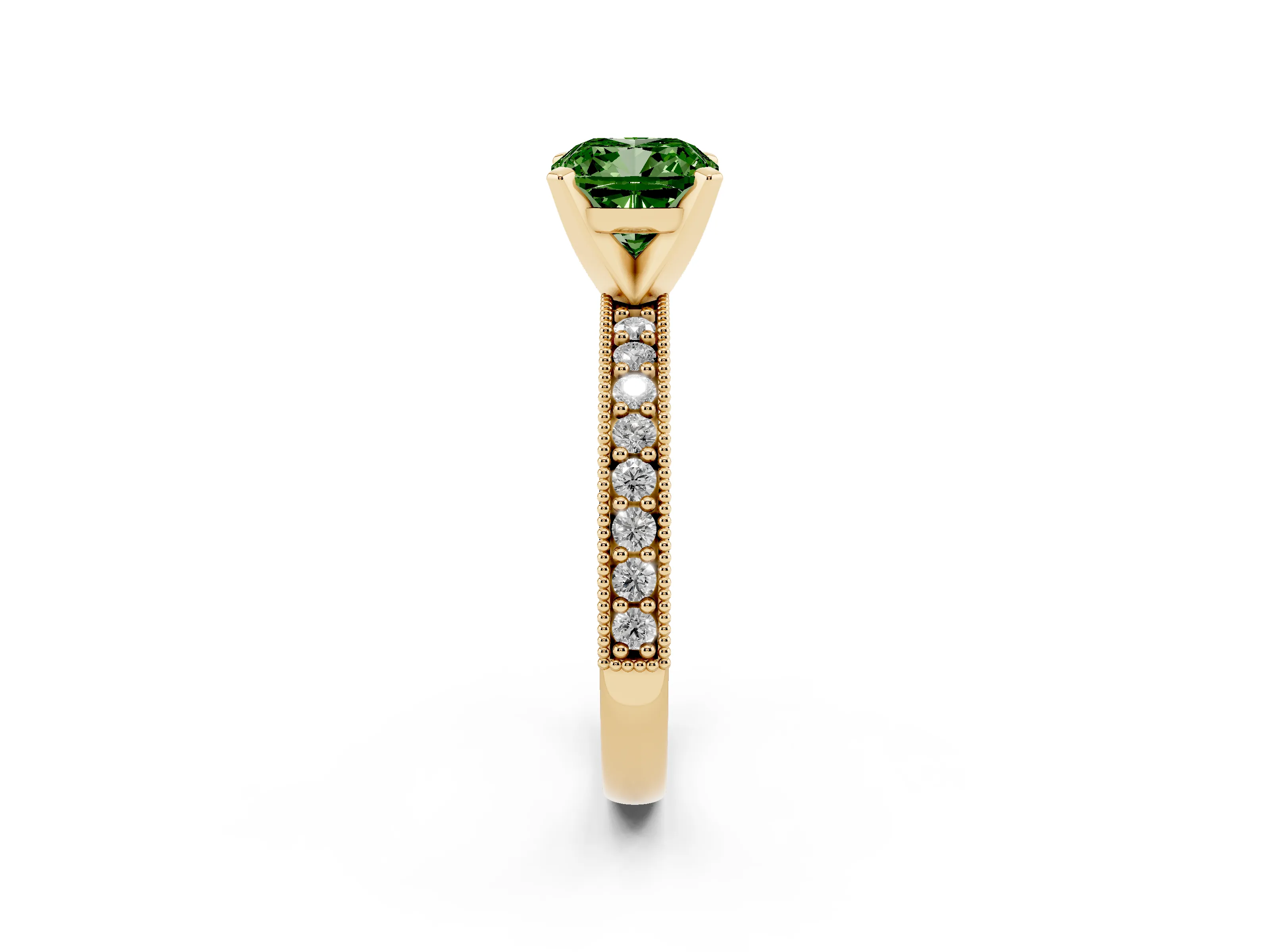 Fancy Green Cushion Cut Diamond Milgrain Pavé Engagement Ring Set in Yellow gold with Prong Setting