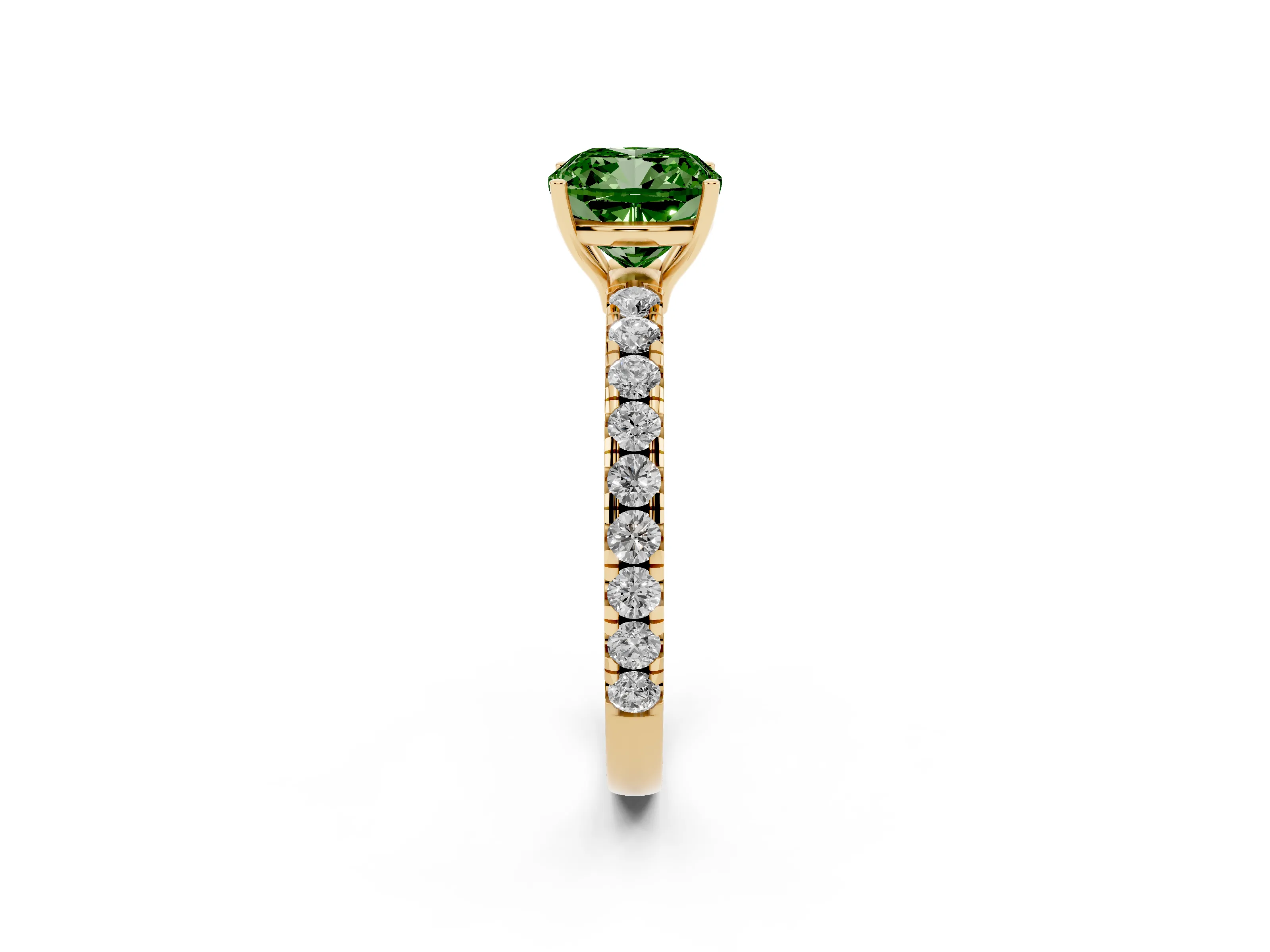 Fancy Green Cushion Cut Diamond Pavé Solitaire Engagement Ring Set in Yellow gold with Prong Setting
