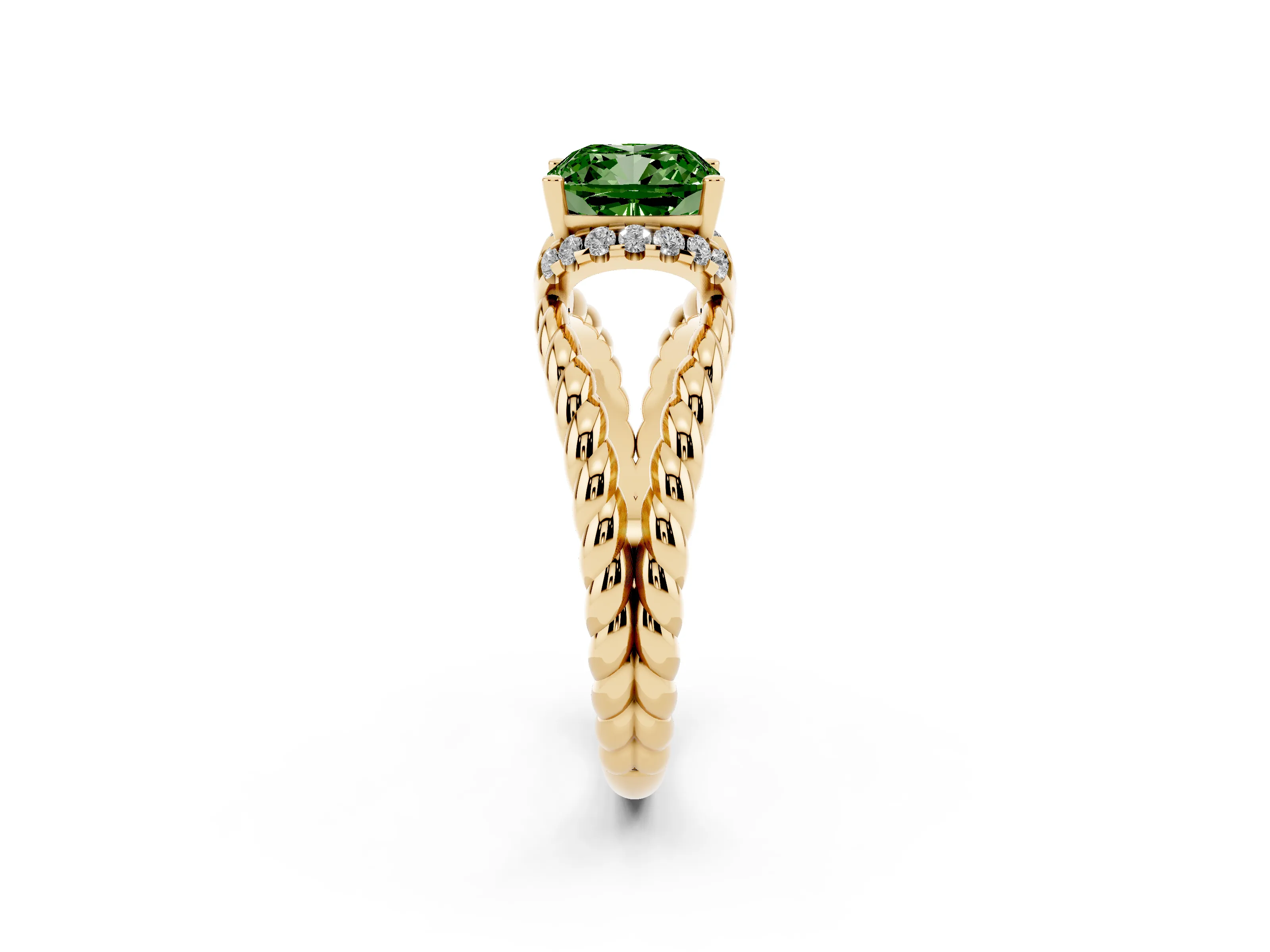 Fancy Green Cushion Cut Diamond Halo Ring Set in Yellow gold with Twisted Band and Prong Setting