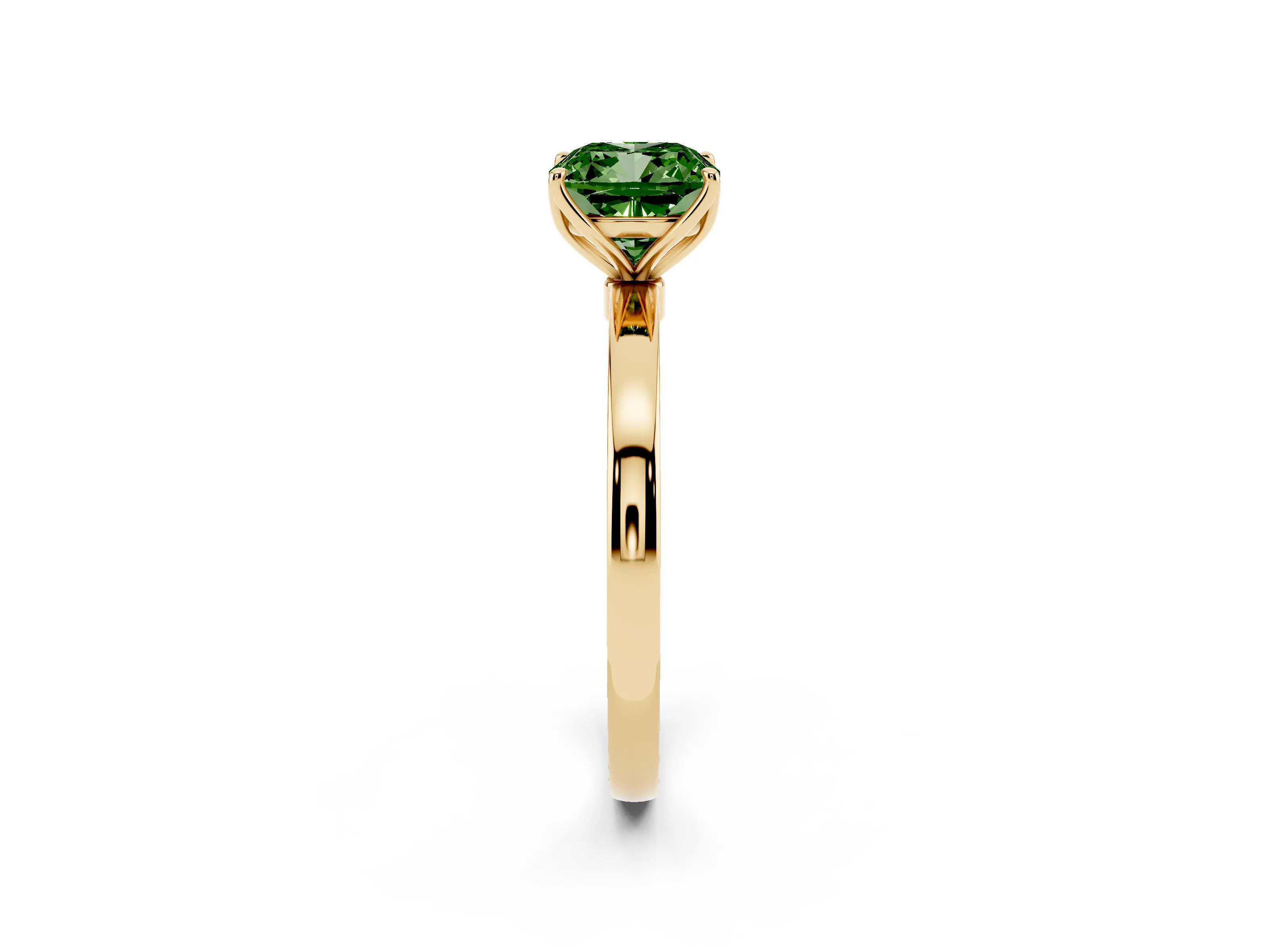 Fancy Green Cushion Cut Diamond Solitaire Ring Set in Yellow gold with Prong Setting and Thin Polished Band