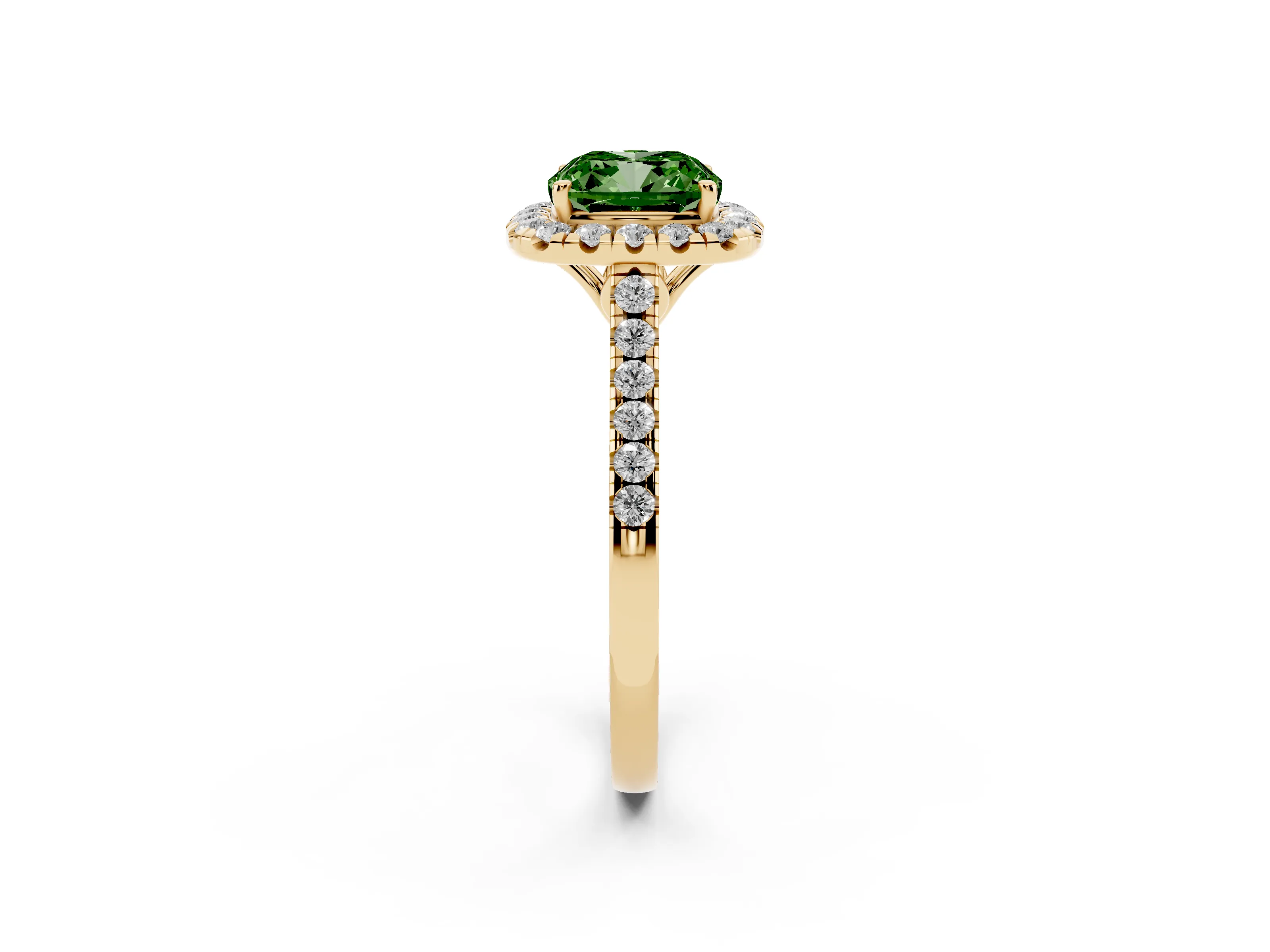 Fancy Green Cushion Cut Diamond Pavé Halo Engagement Ring Set in Yellow gold with Pavé Band and Prong Setting