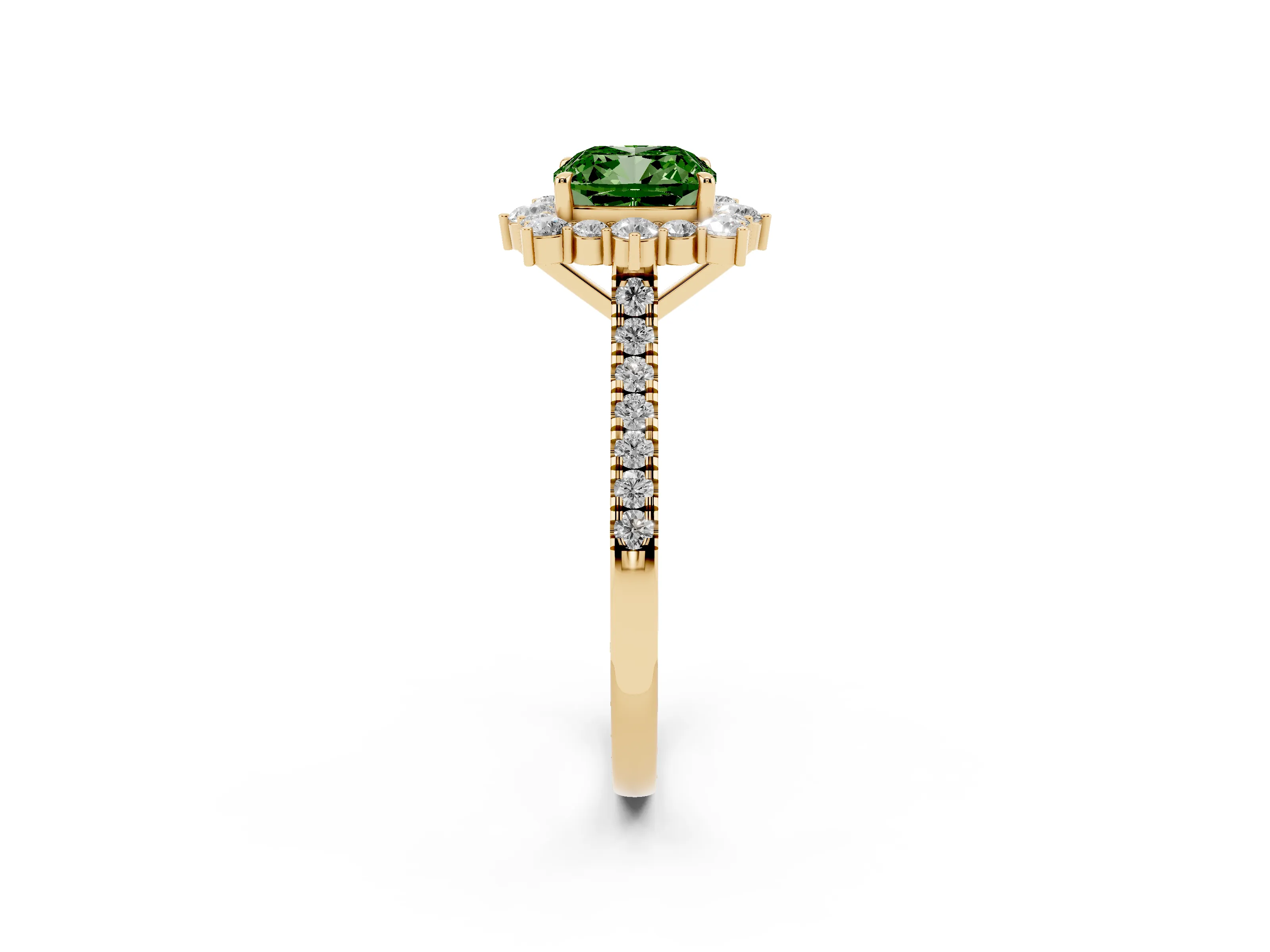 Fancy Green Cushion Cut Diamond Halo Ring Set in Yellow gold with Pavé Band and Prong Setting