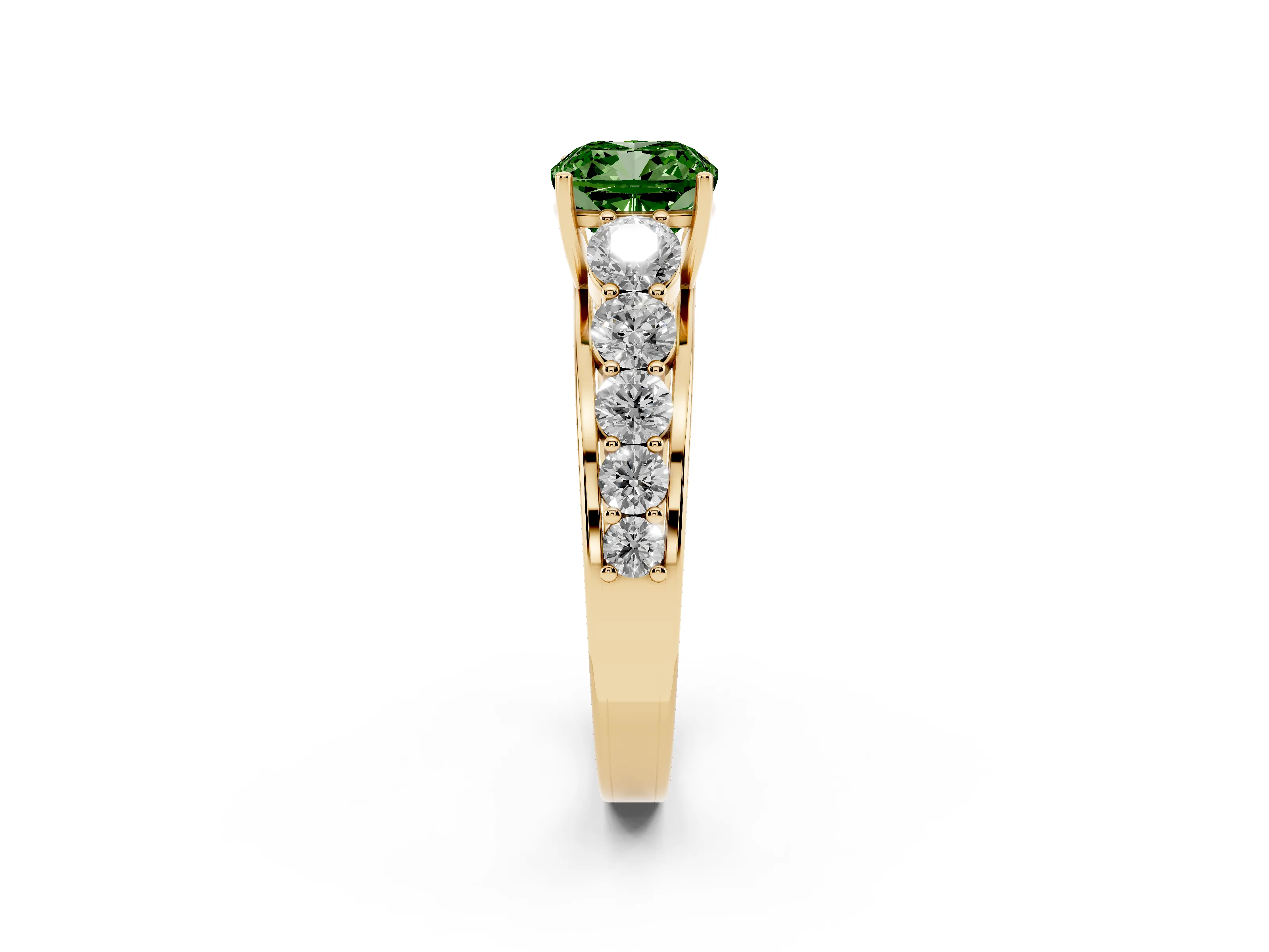 Fancy Green Cushion Cut Diamond Solitaire Ring Set in Yellow gold with Pavé-Set Band and Prong Setting