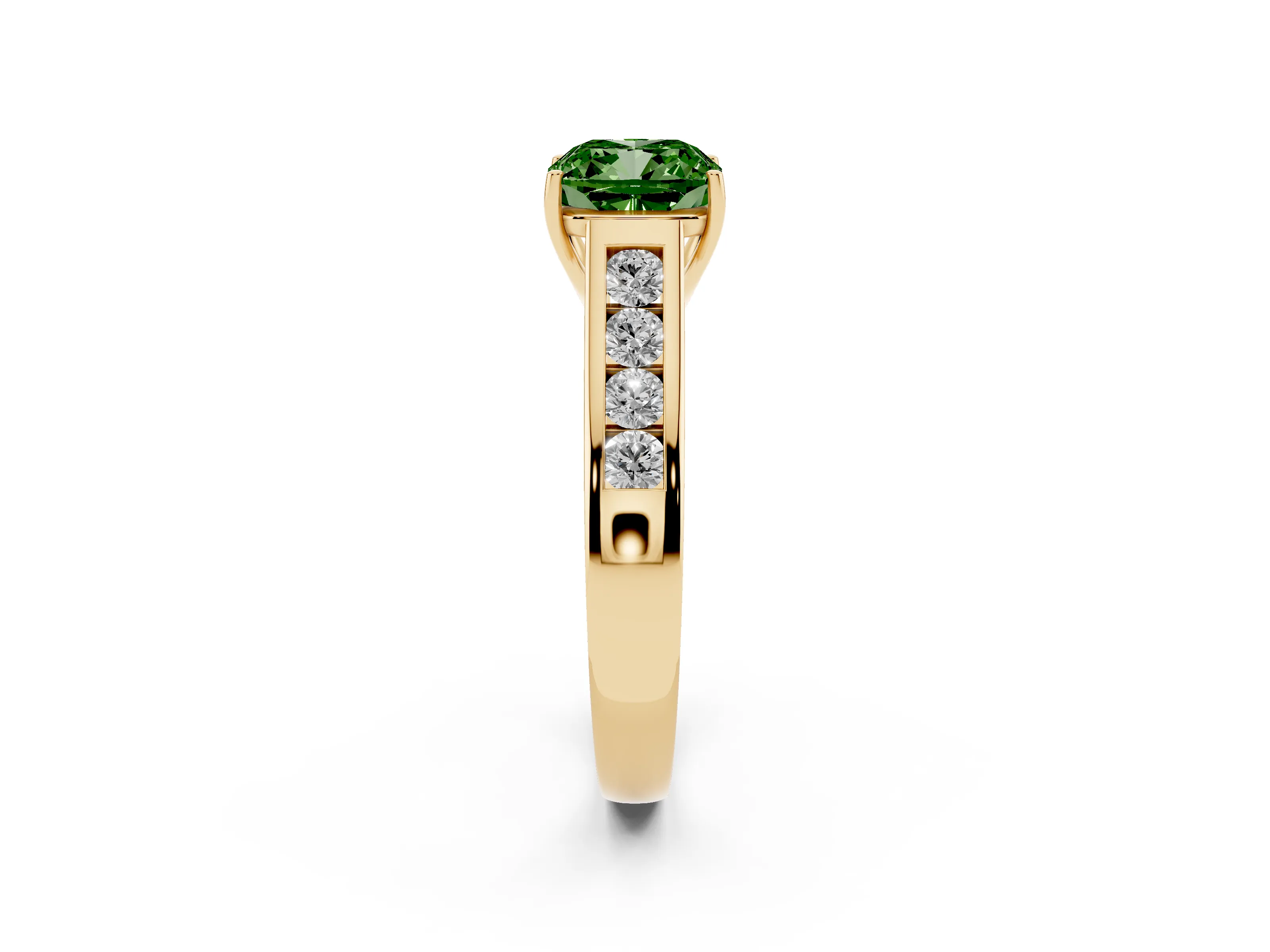 Fancy Green Cushion Cut Diamond Brilliant Channel-Set Solitaire Ring Set in Yellow gold with Prong Setting