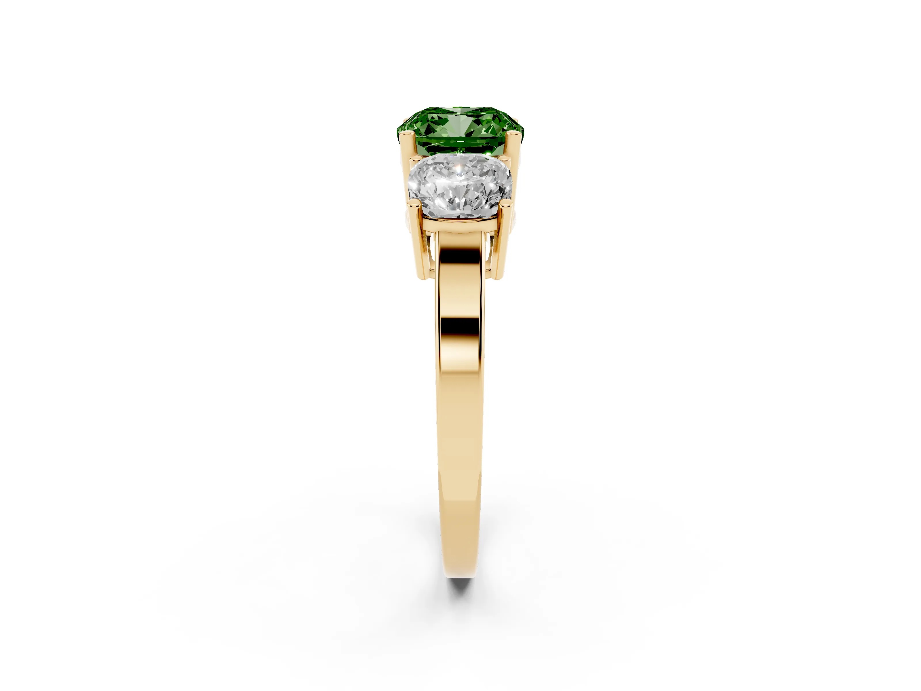 Fancy Green Cushion Cut Diamond Three-Stone Engagement Ring Set in Yellow gold with Flat Band