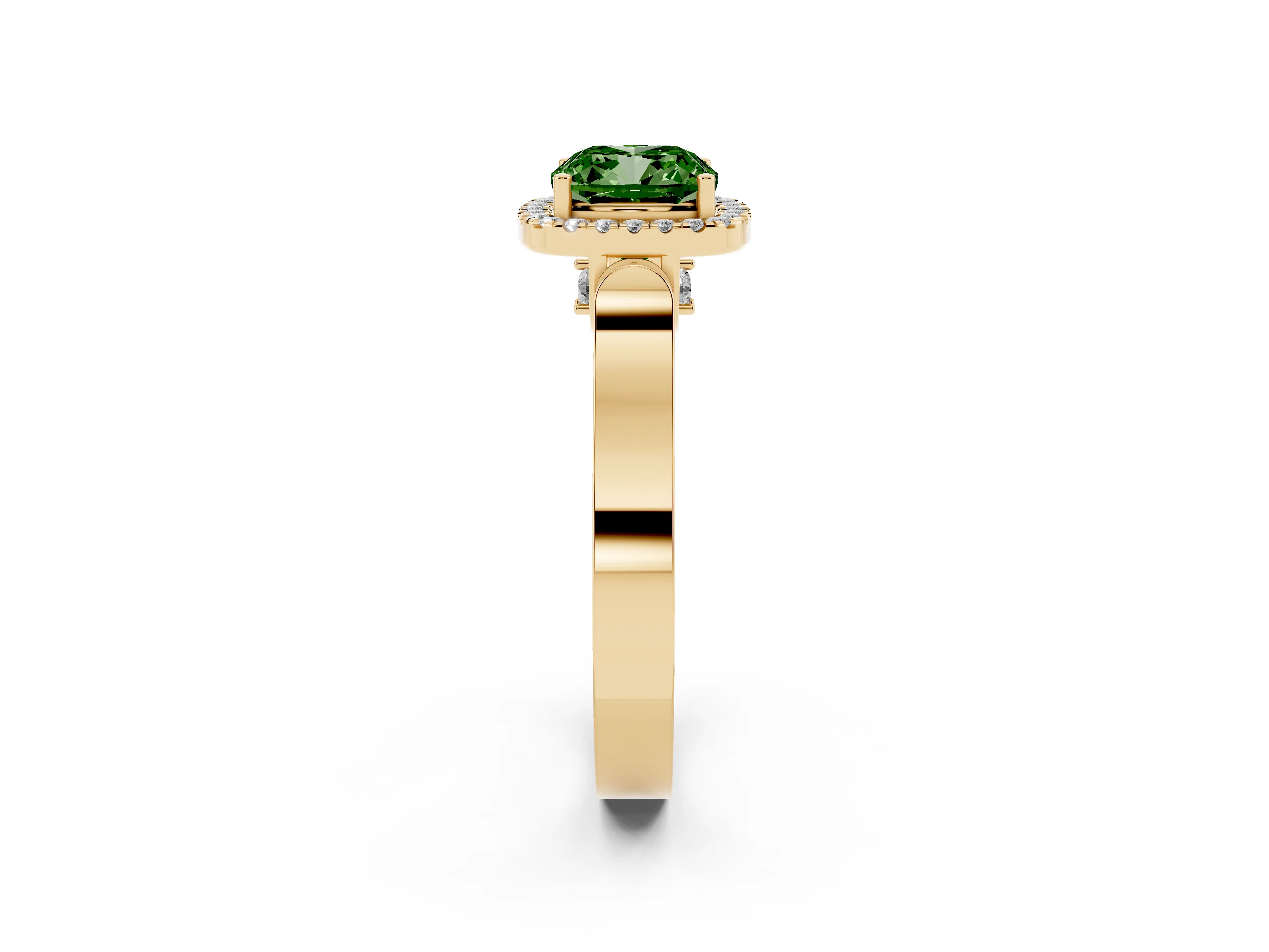 Fancy Green Cushion Cut Diamond Halo Ring Set in Yellow gold with Pavé-Lined Split Shank Band
