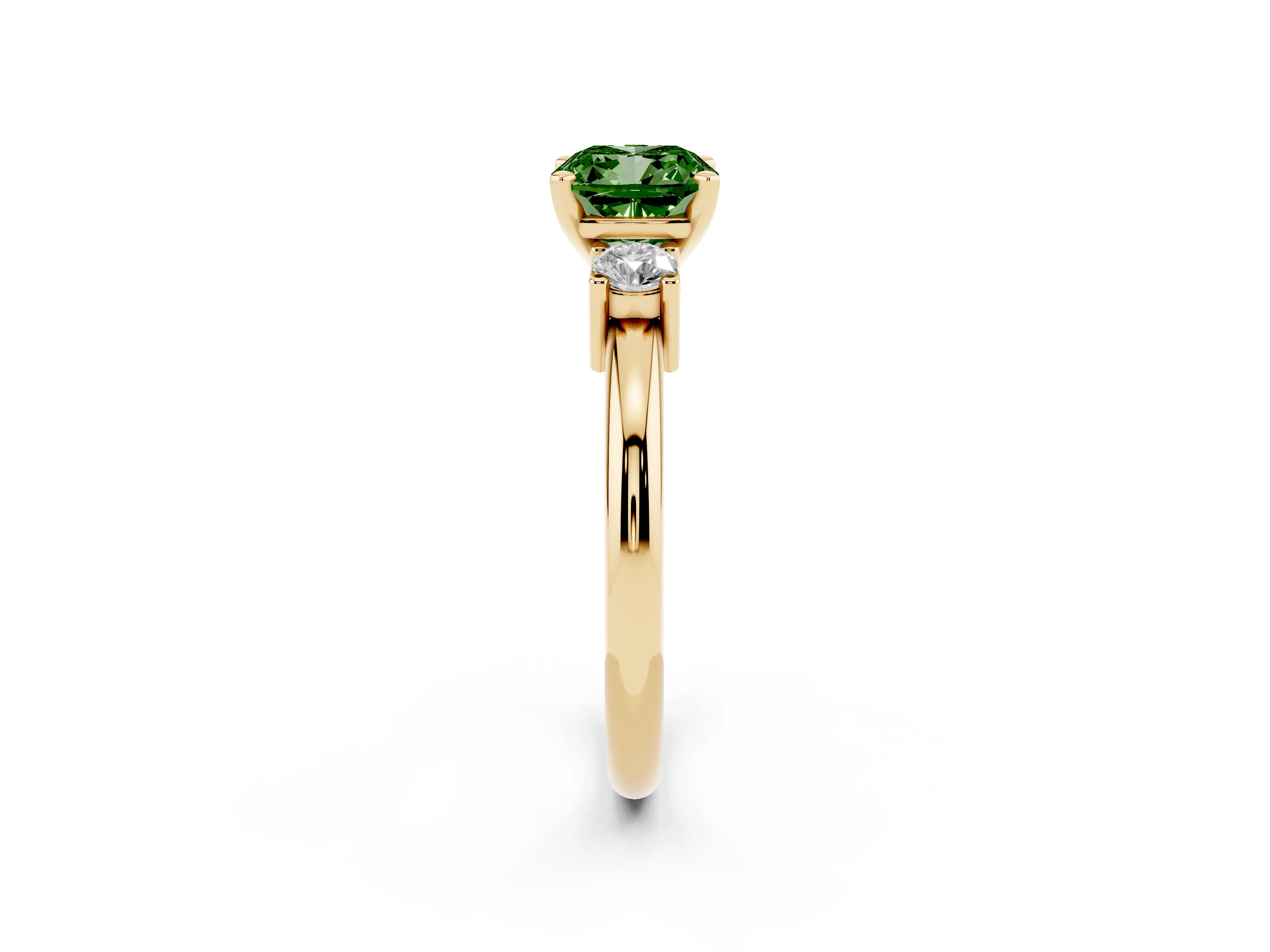 Fancy Green Three-Stone Cushion Cut Diamond Ring Set in Yellow gold with Prong Setting and Plain Band