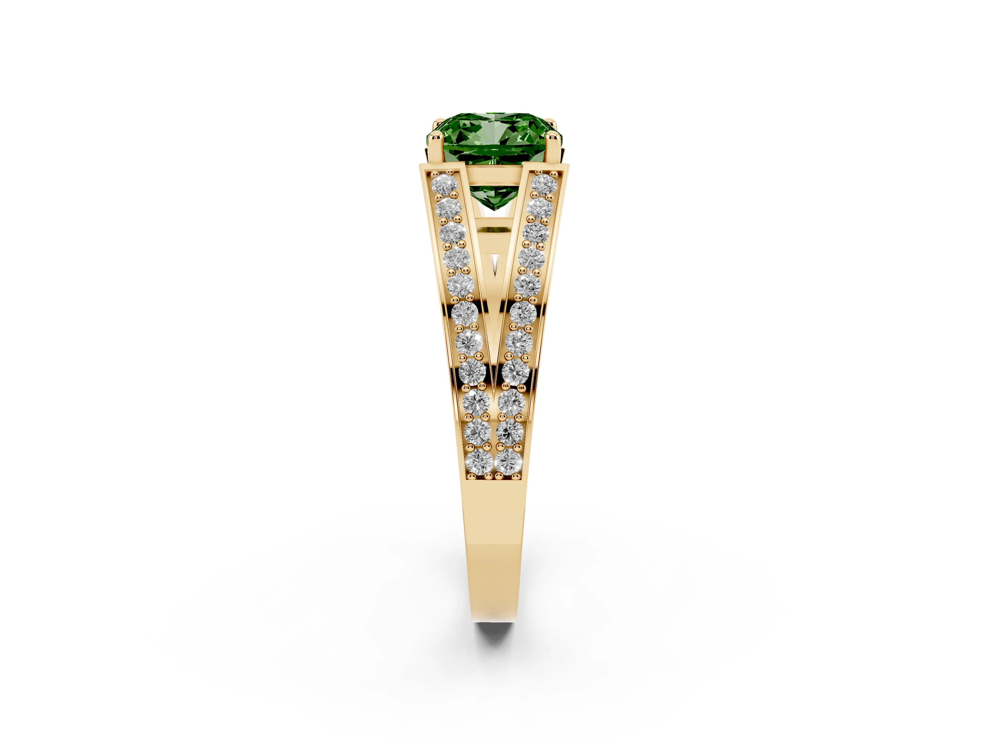 Fancy Green Cushion Cut Diamond Split Shank Ring Set in Yellow gold with Pavé Band and Prong Setting