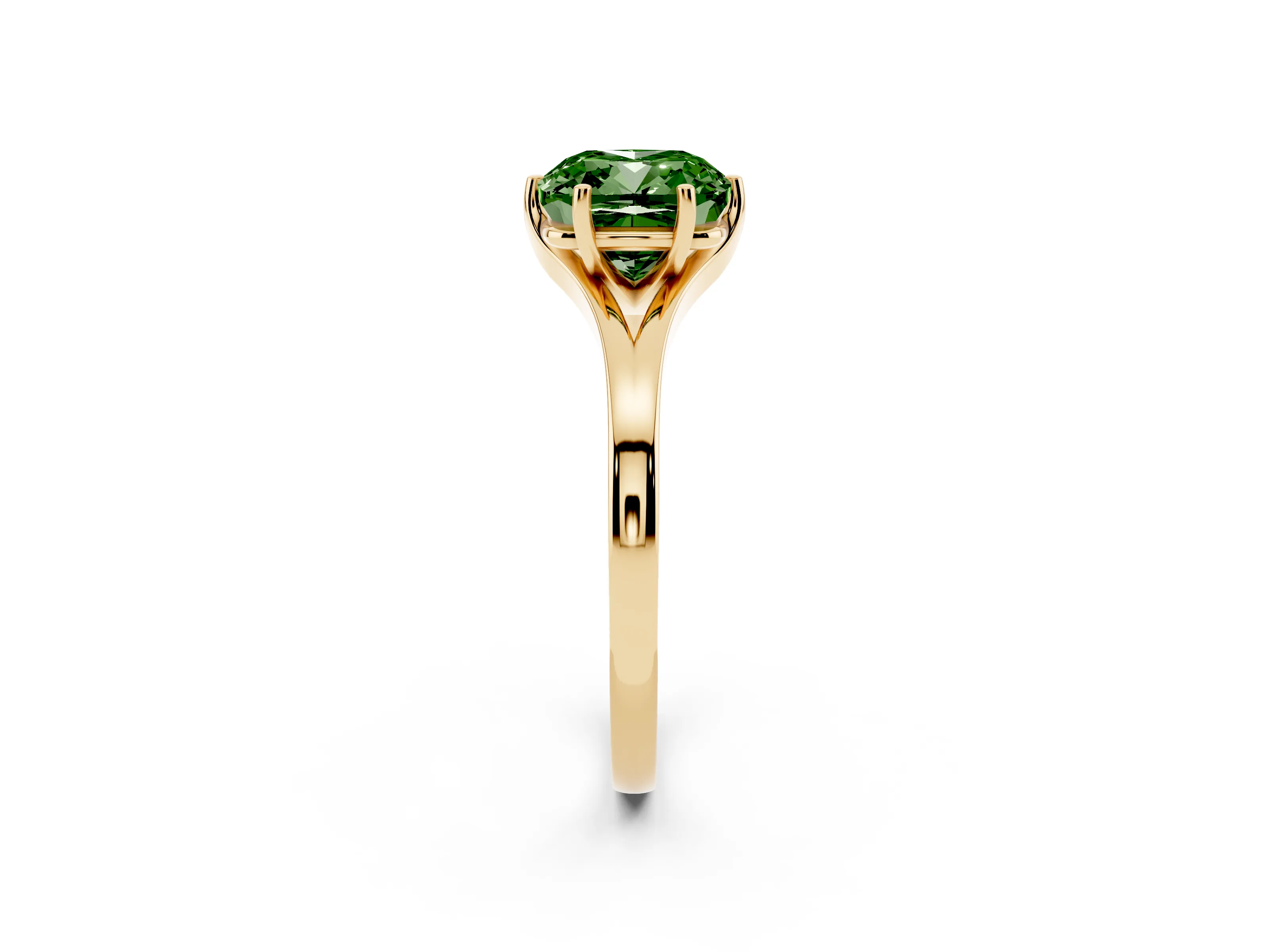 Fancy Green Cushion Cut Diamond Solitaire Ring Set in Yellow gold with Polished Tapered Band and Prong Setting