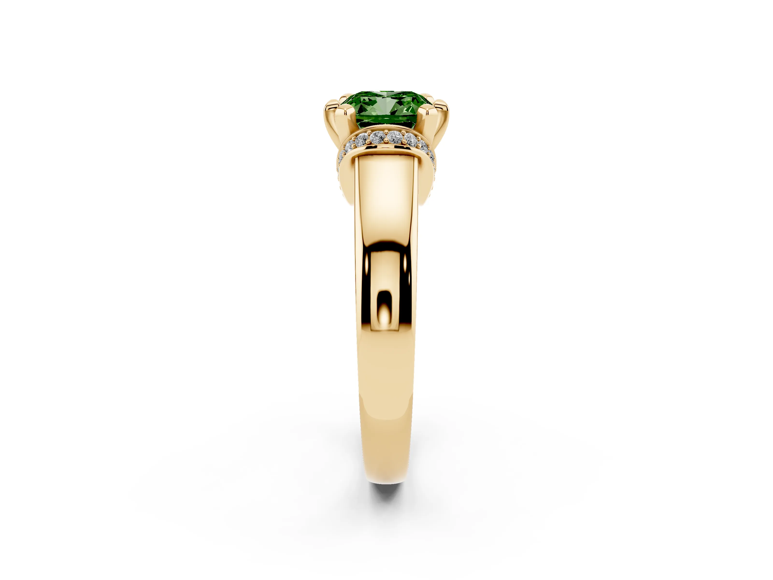 Fancy Green Cushion Cut Diamond Pavé Band Solitaire Ring Set in Yellow gold with Prong Setting