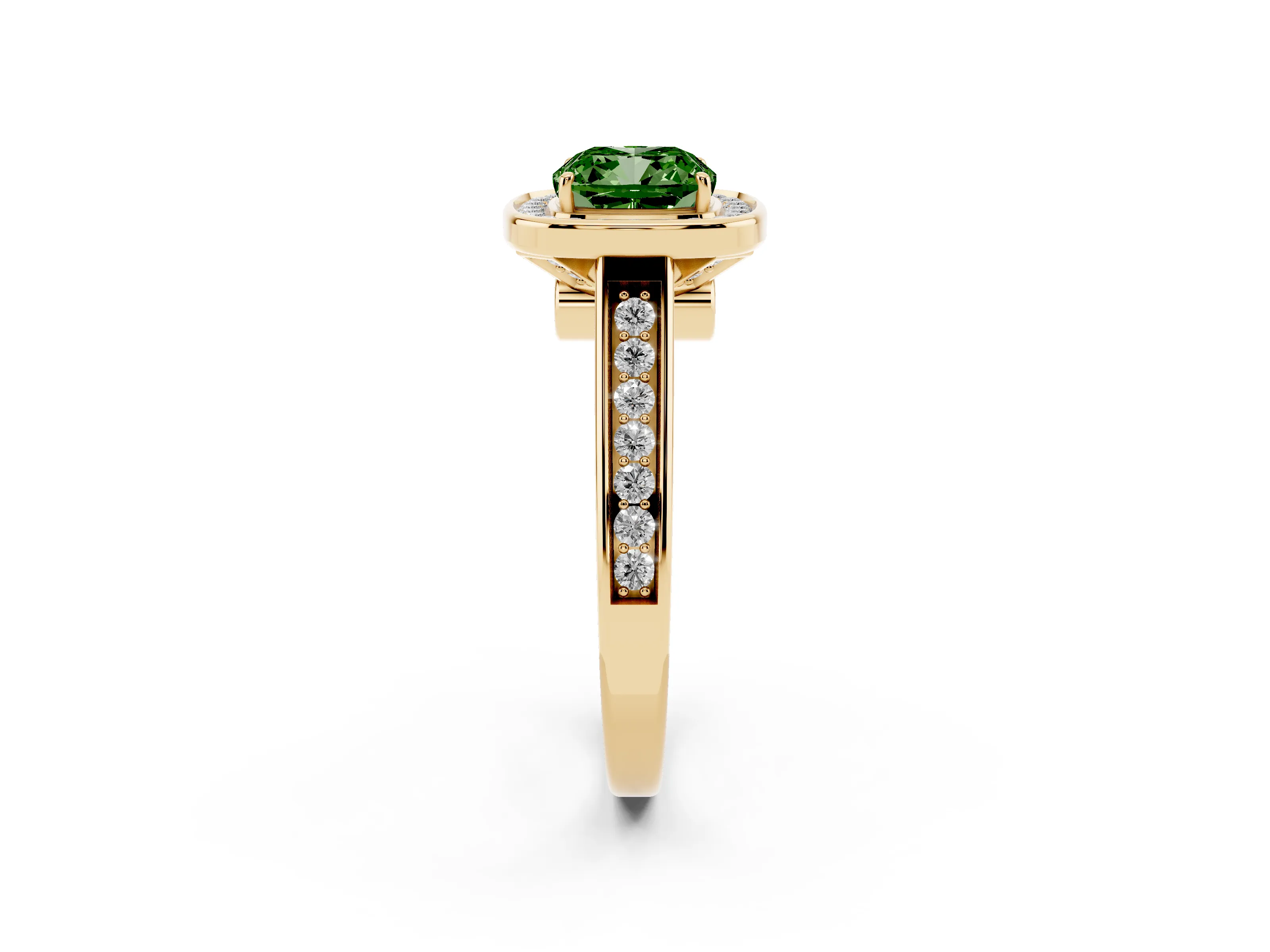 Fancy Green Cushion Cut Diamond Halo Solitaire Ring Set in Yellow gold with Pavé Band and Bezel Setting