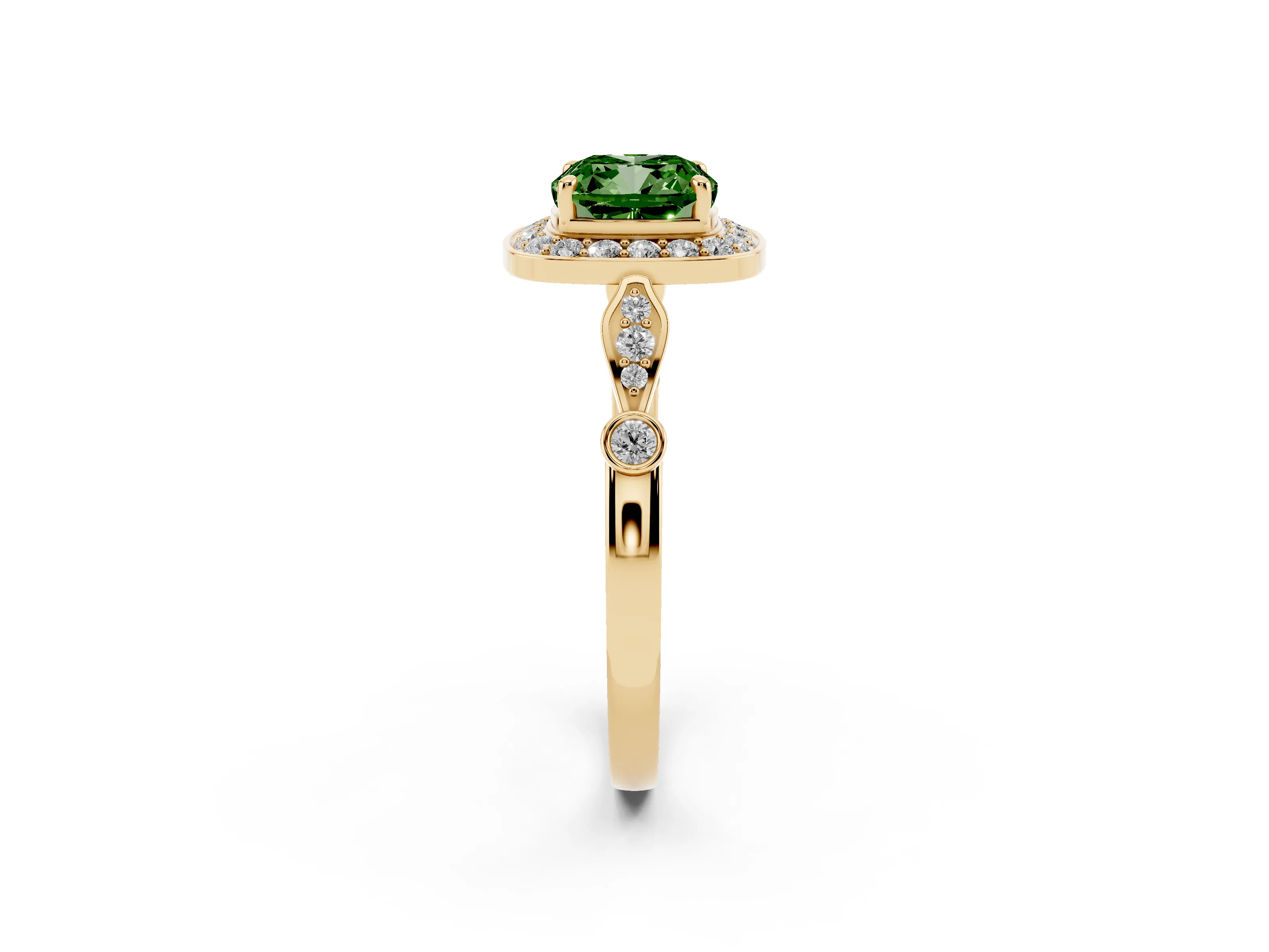 Fancy Green Cushion Cut Diamond Halo Engagement Ring Set in Yellow gold with Twisted Band and Prong Setting