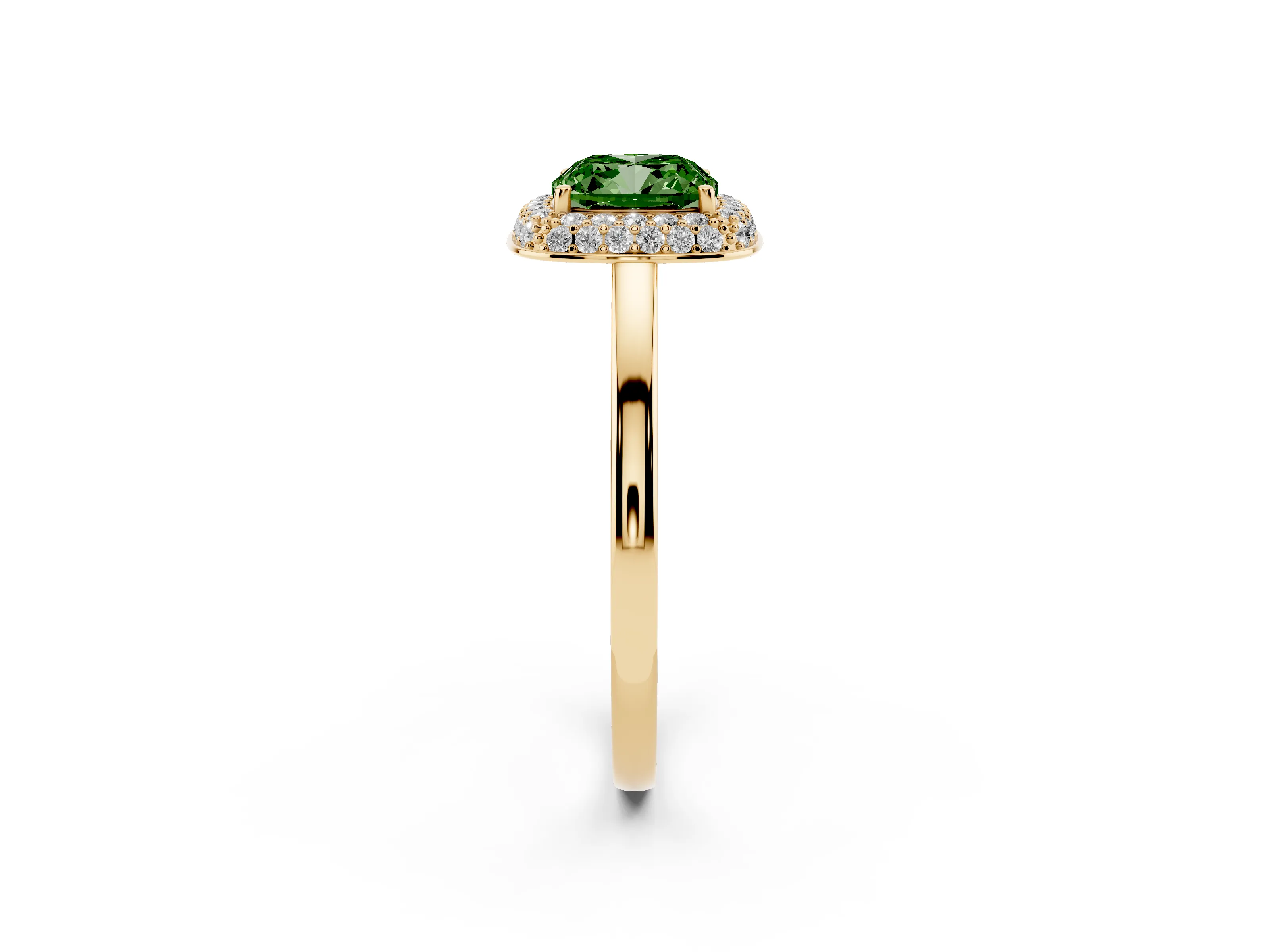 Fancy Green Cushion Cut Diamond Halo Engagement Ring Set in Yellow gold with Solitaire Band and Prong Setting