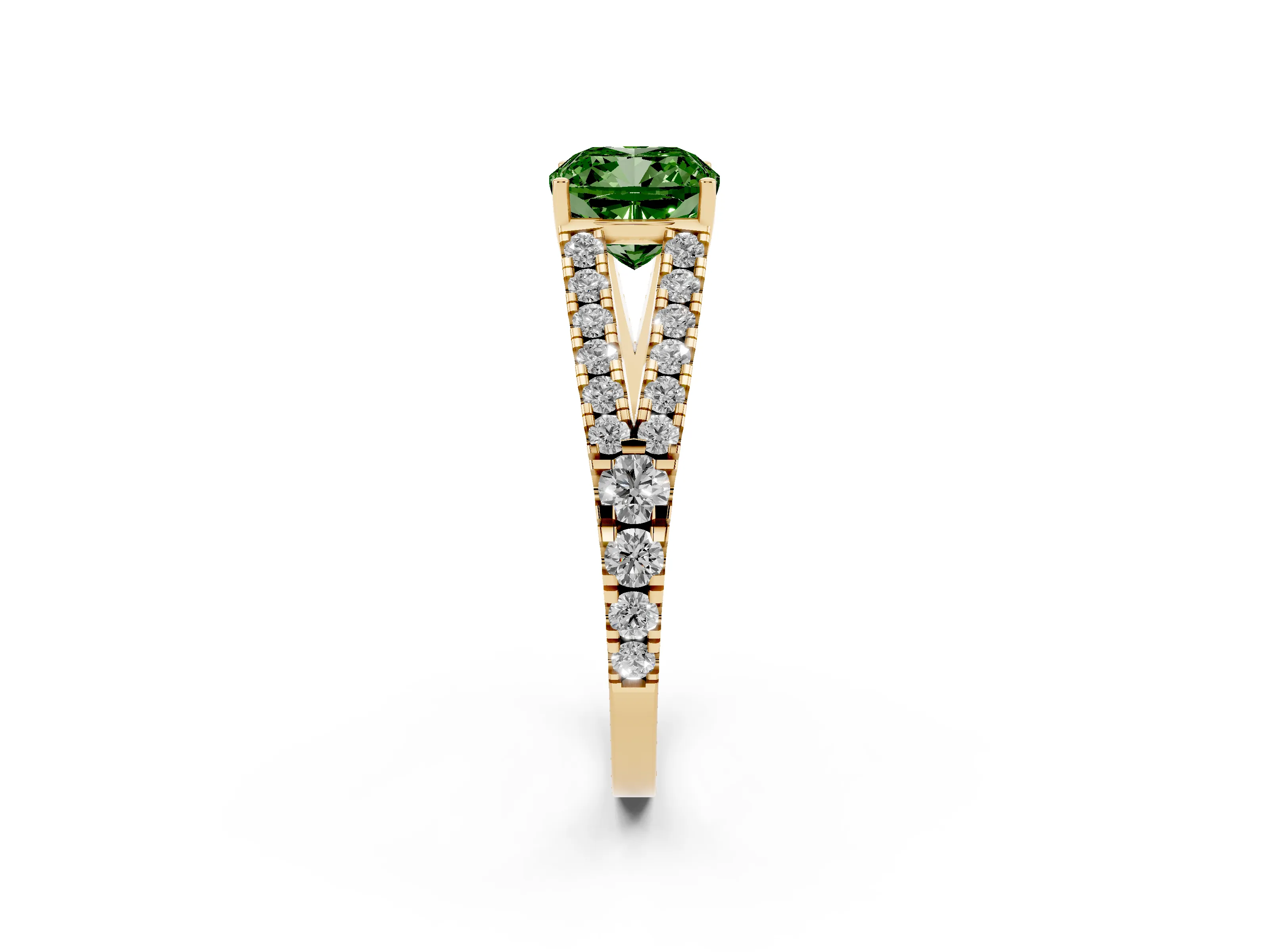 Fancy Green Cushion Cut Diamond Split Shank Pavé Engagement Ring Set in Yellow gold with Prong-Held Center Stone