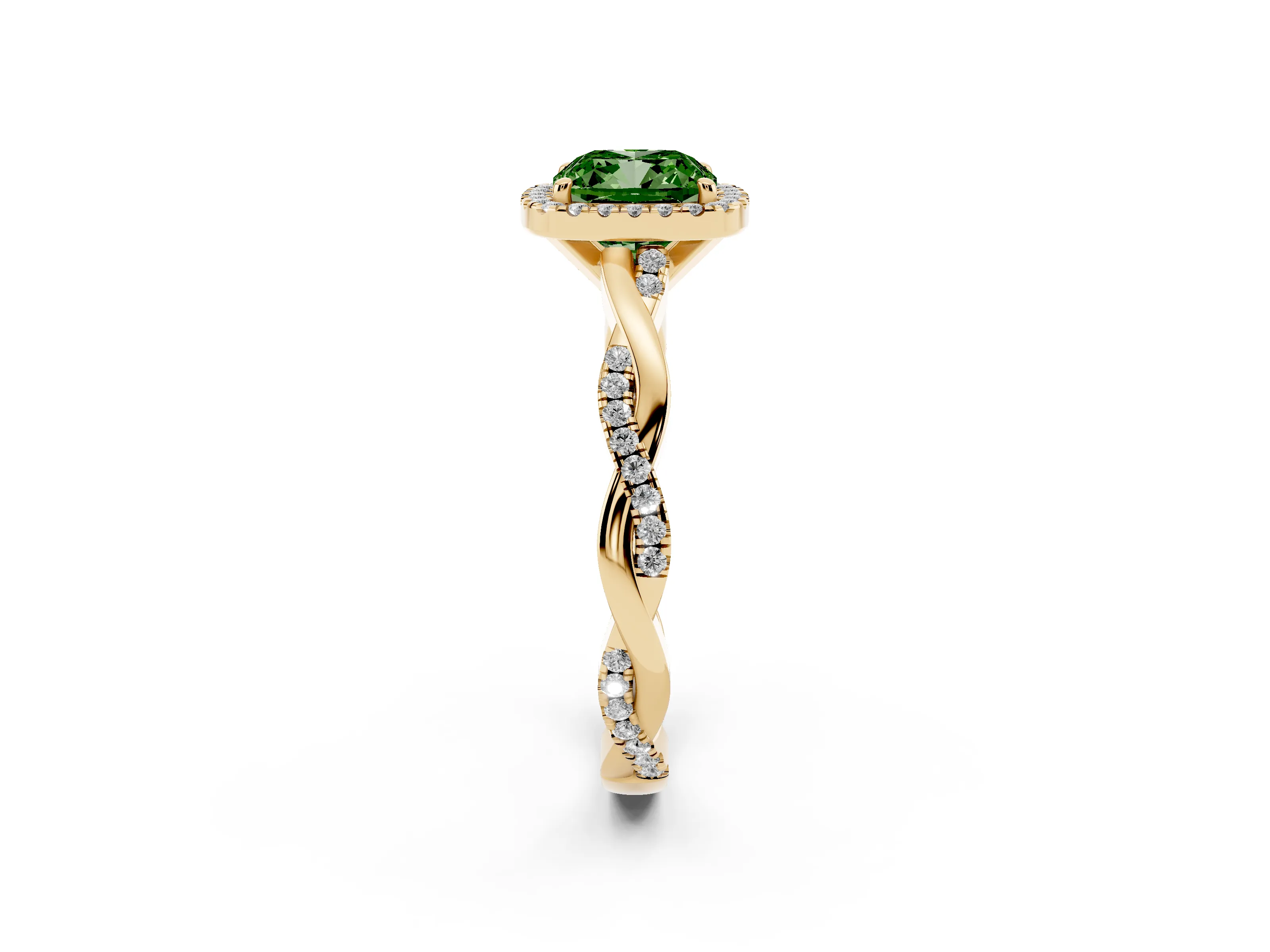 Fancy Green Cushion Cut Diamond Halo Twisted Band Ring Set in Yellow gold with Prong Setting