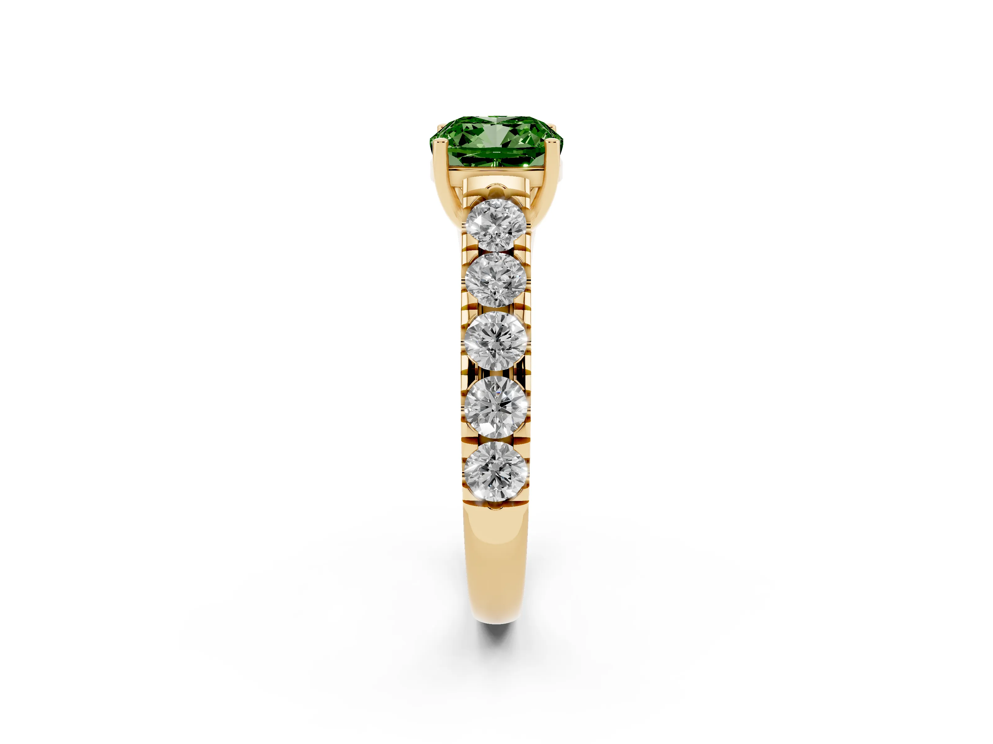 Fancy Green Cushion Cut Diamond Solitaire Ring Set in Yellow gold with Cut-Down Micro Pavé Band and Prong Setting