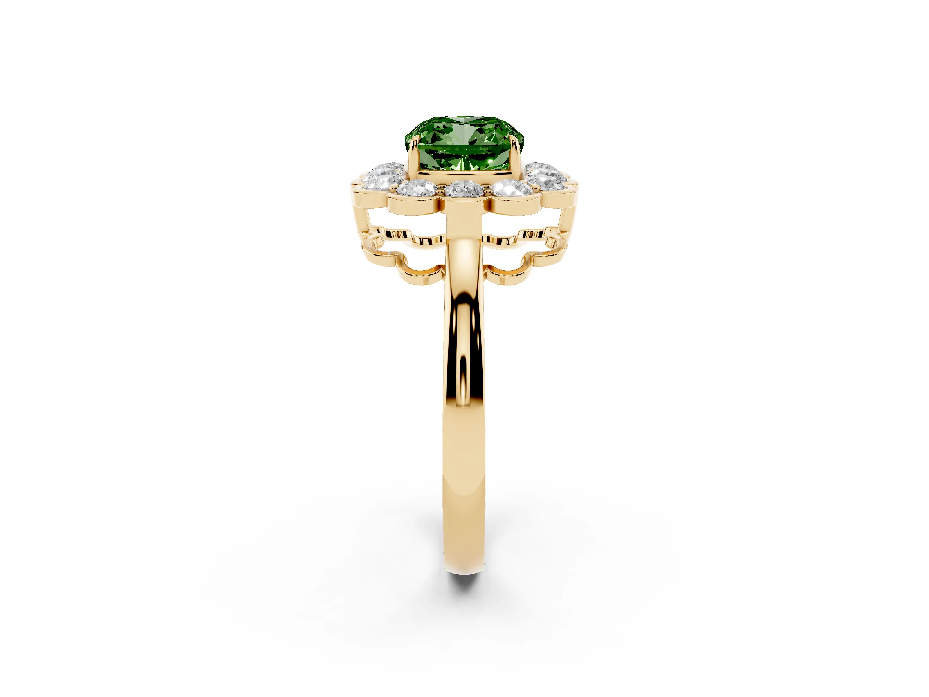 Fancy Green Cushion Cut Diamond Halo Cluster Engagement Ring Set in Yellow gold with Solitaire Band and Prong Setting