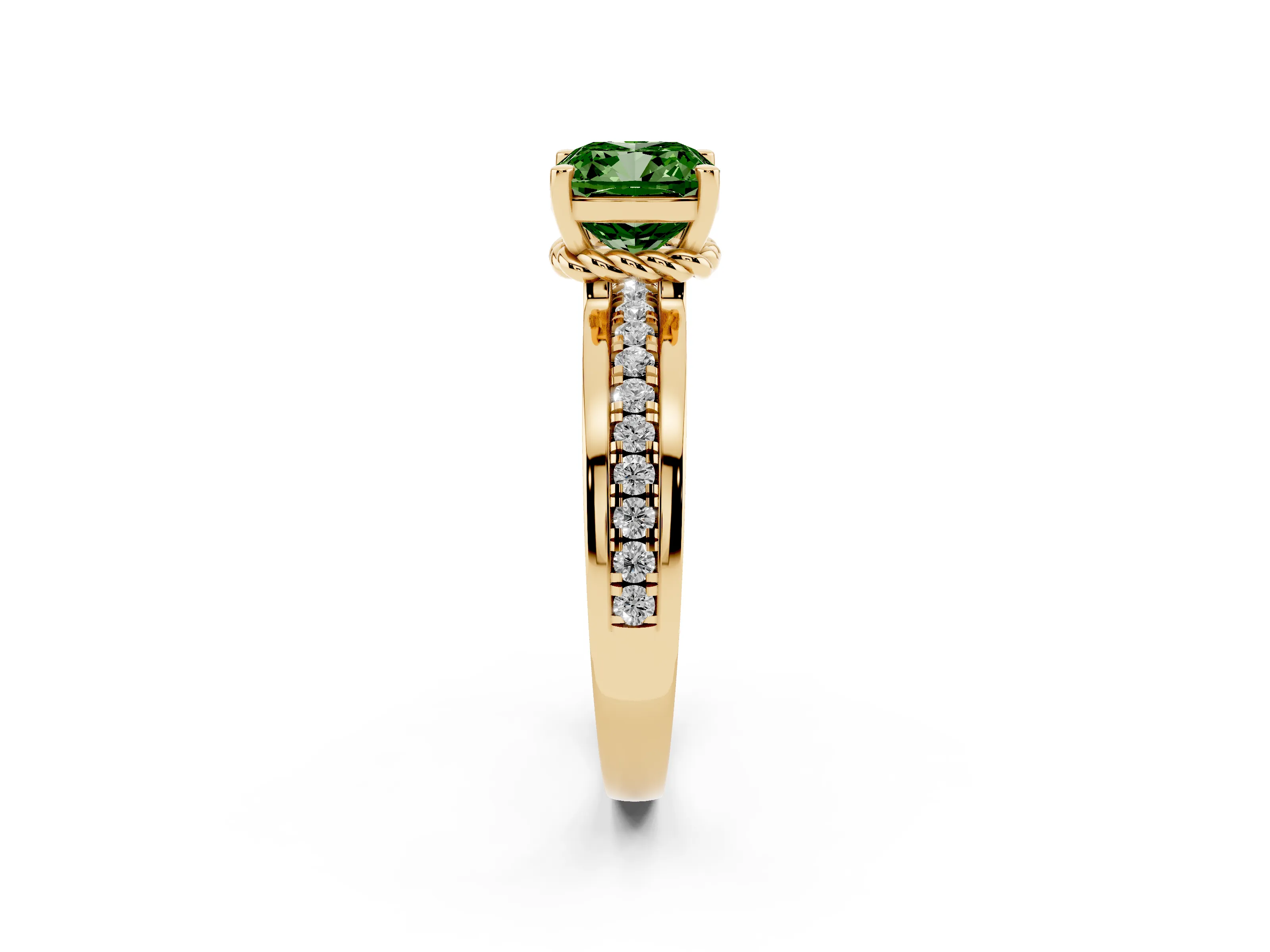 Fancy Green Cushion Cut Diamond Solitaire Ring Set in Yellow gold with Channel Set Band and Prong Setting