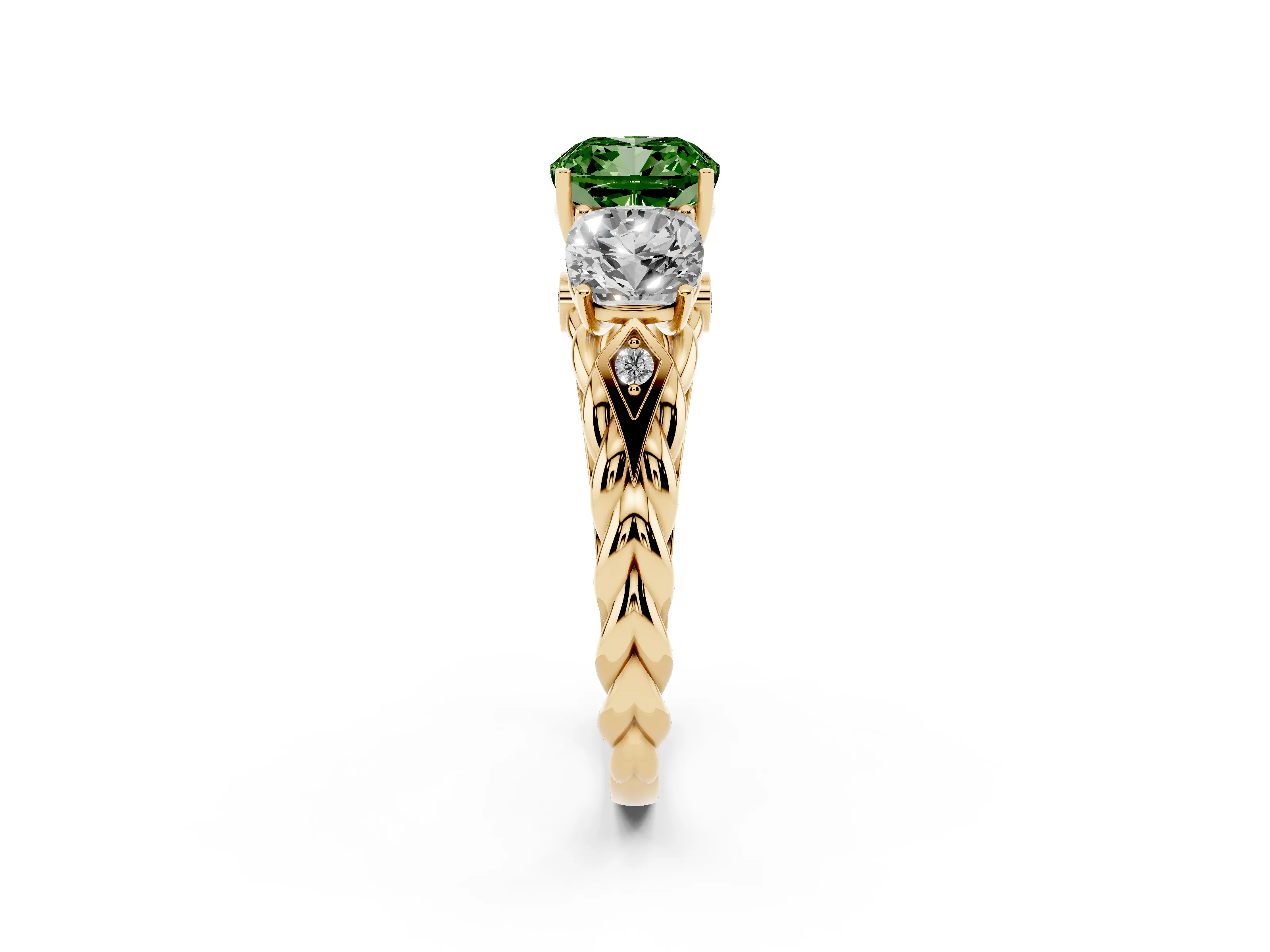 Fancy Green Cushion Cut Diamond Three-Stone Ring Set in Yellow gold with Braided Band