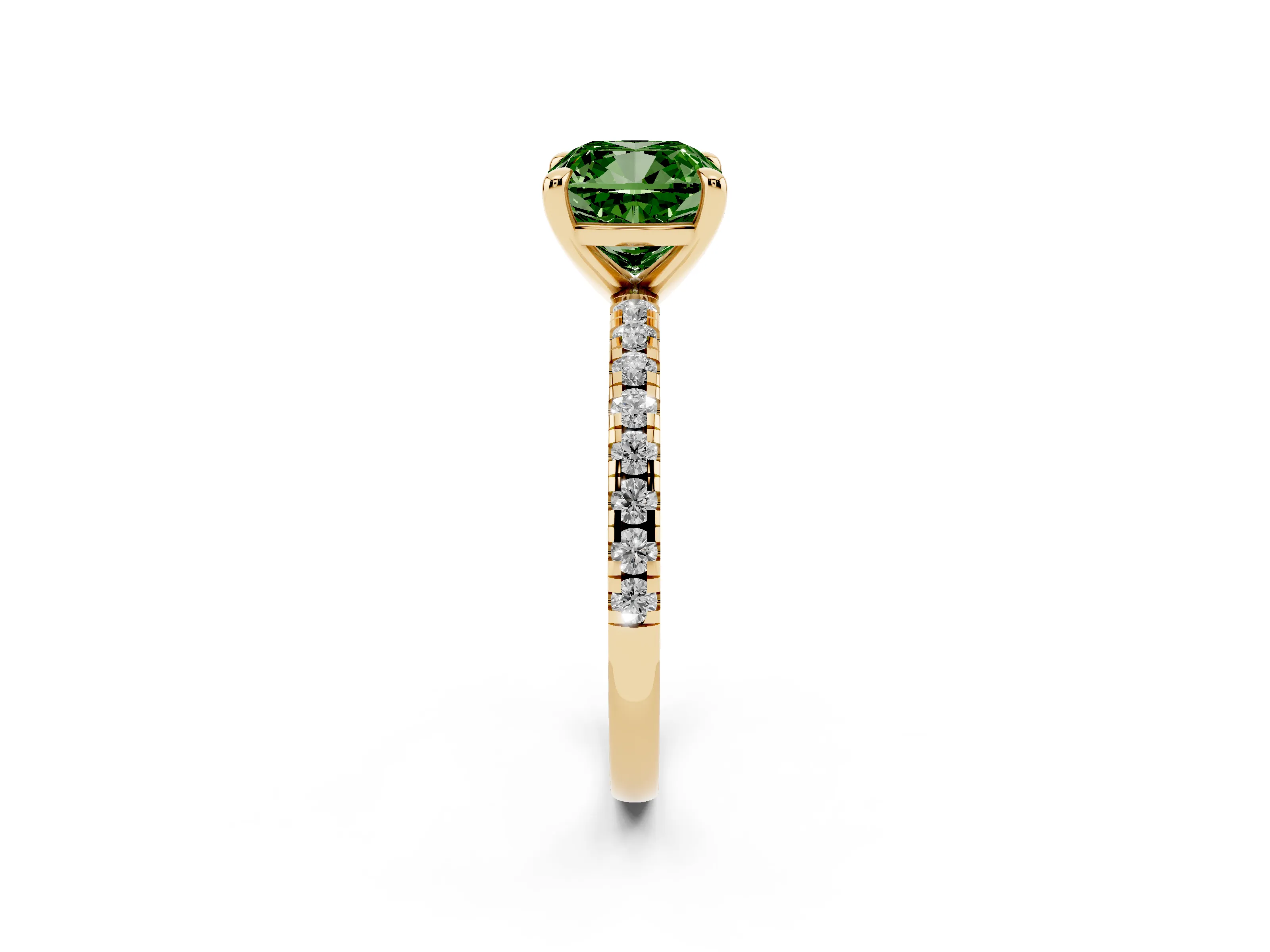 Fancy Green Cushion Cut Diamond Brilliant Solitaire Ring Set in Yellow gold with Pavé Band and Prong Setting