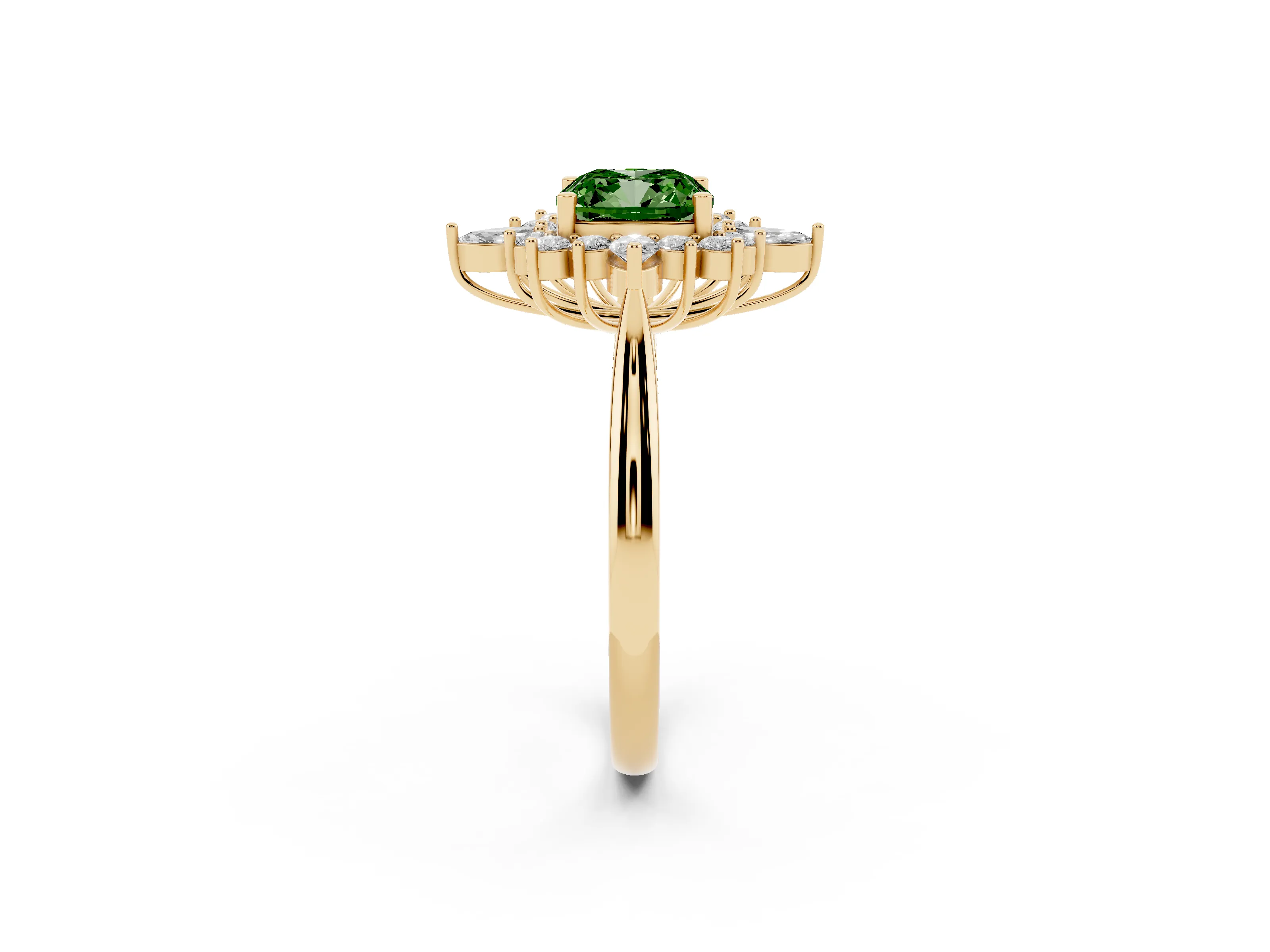 Fancy Green Cushion Cut Diamond Cluster Halo Ring Set in Yellow gold with Marquise and Round Accents