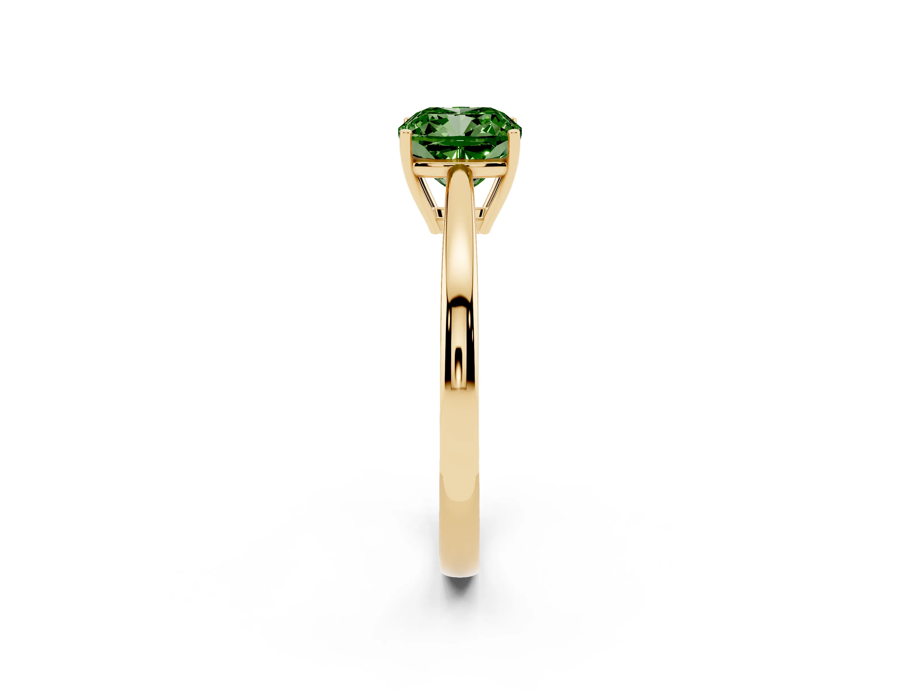 Fancy Green Cushion Cut Diamond Solitaire Ring Set in Yellow gold with Split Shank and Prong Setting
