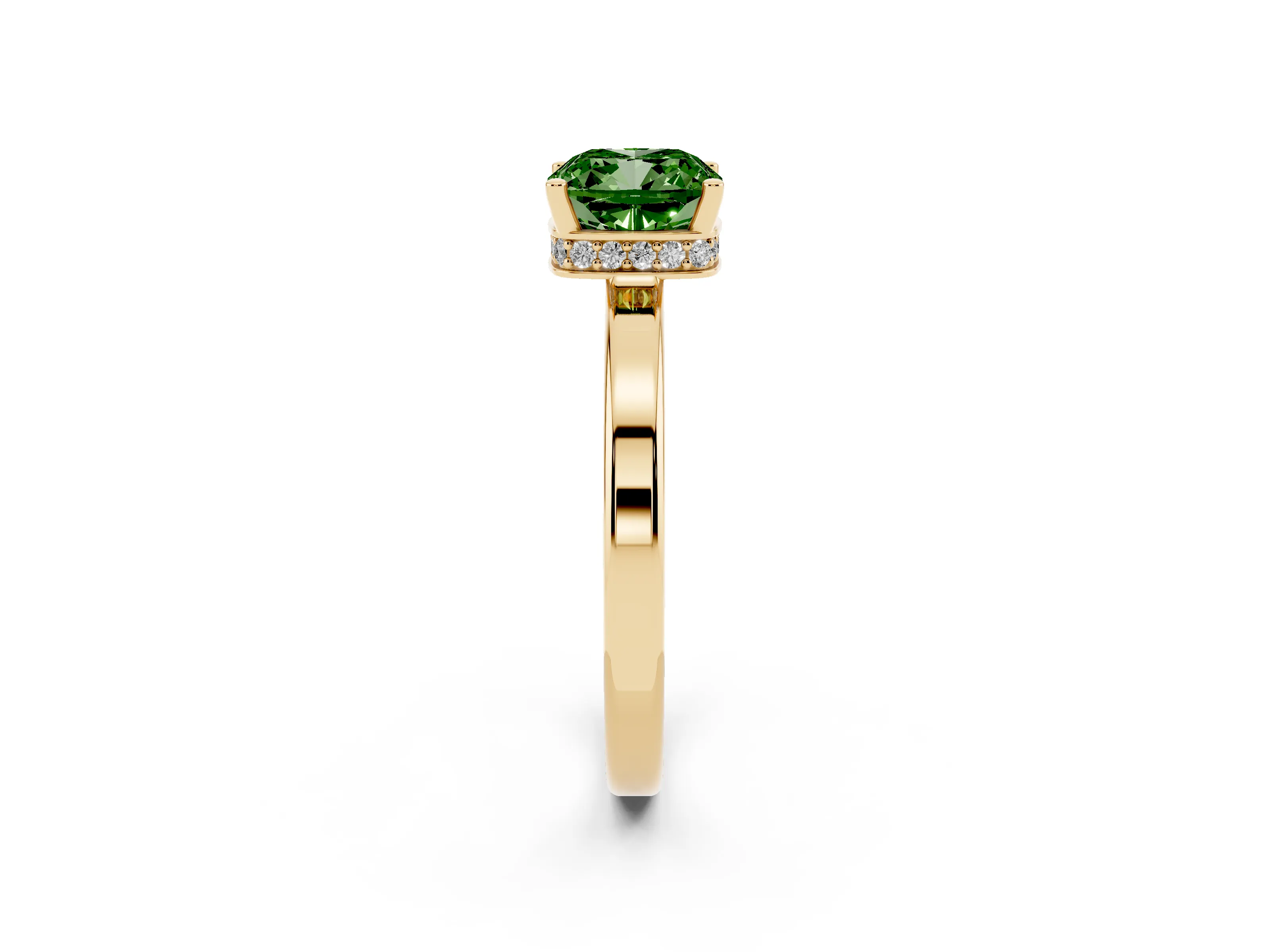 Fancy Green Cushion Cut Diamond Solitaire Engagement Ring Set in Yellow gold with Prong Setting on a Plain Band