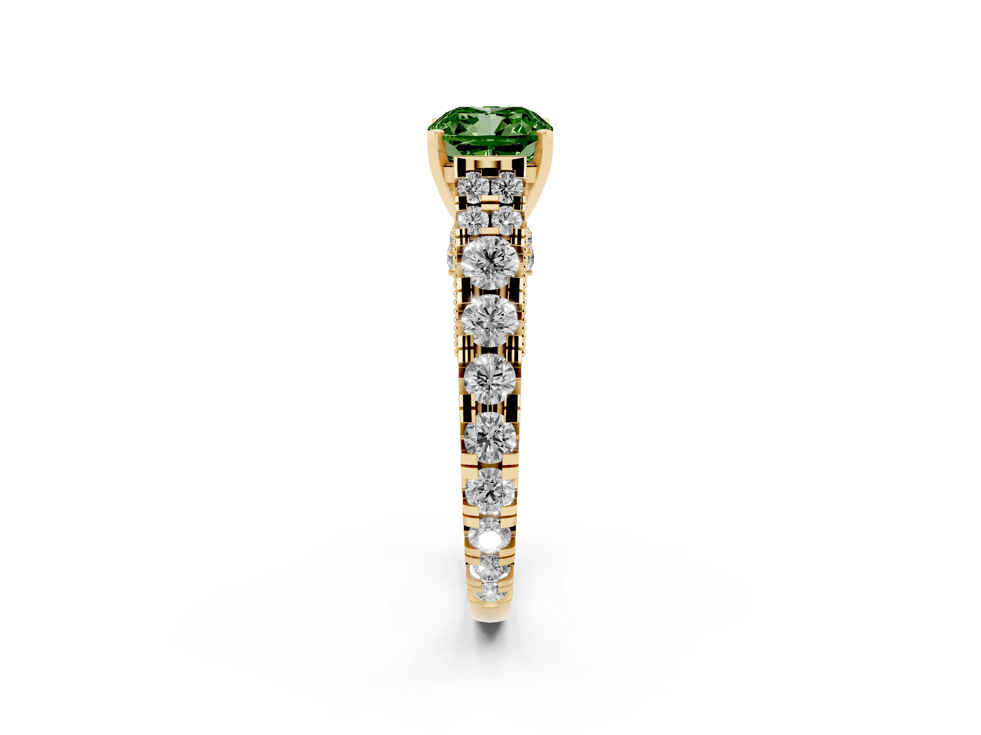 Fancy Green Cushion Cut Diamond Classic Solitaire Ring Set in Yellow gold with Pavé Band and Prong Setting